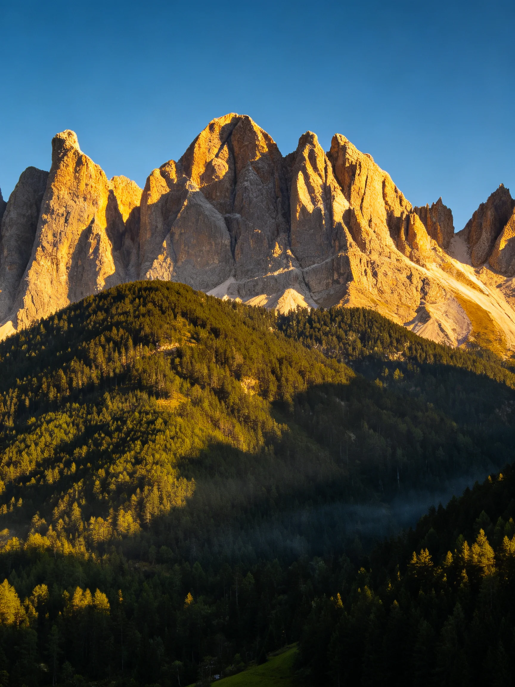 Jagged golden mountain peaks tower over lush green forests under clear blue sky