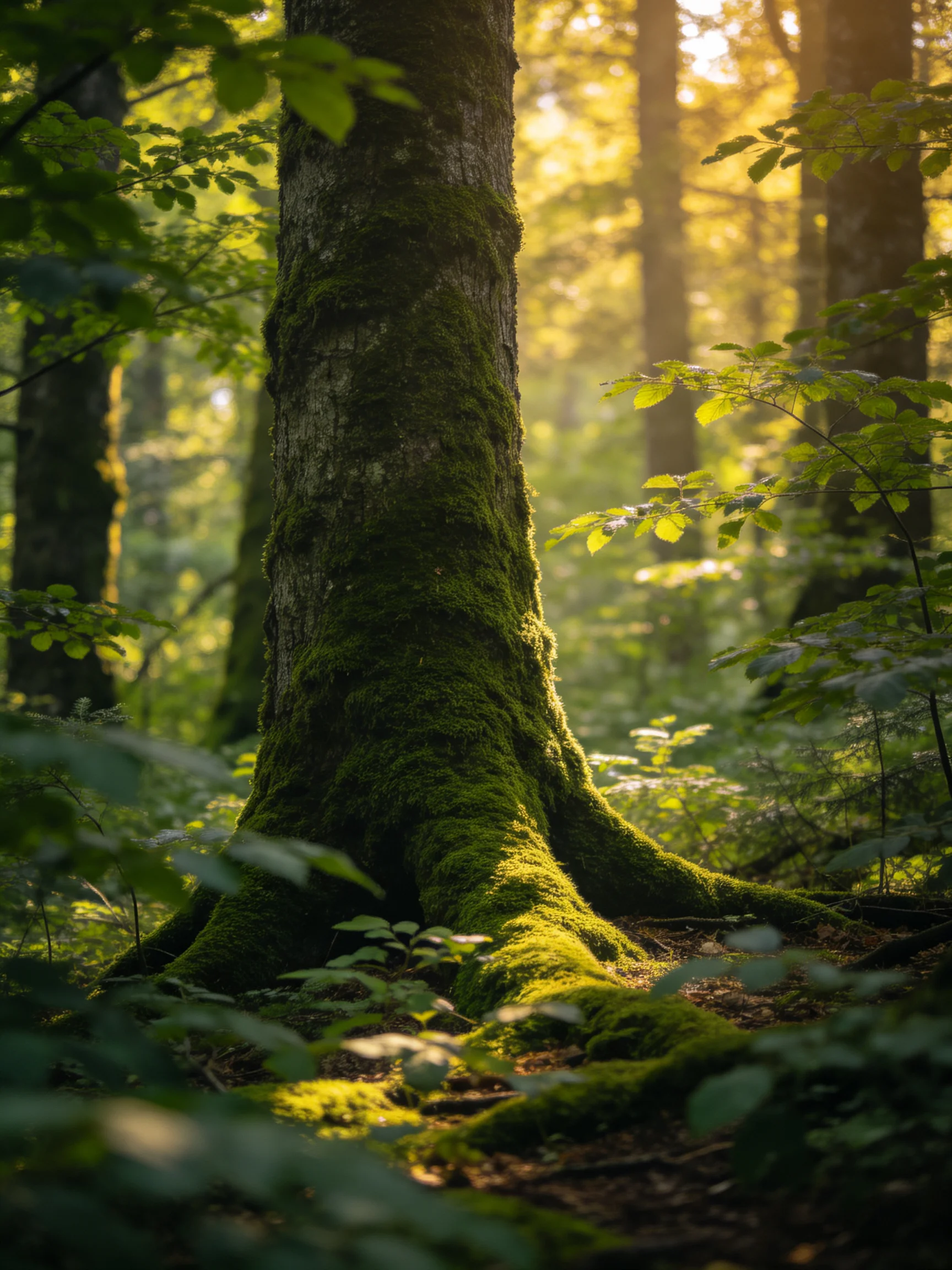 Large Moss-Covered Tree in Sunlit Forest