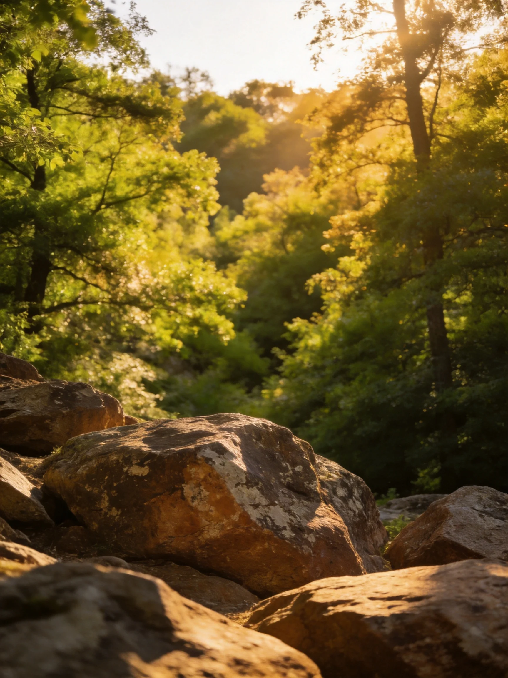 Large brown rocks near lush green trees under golden sunlight