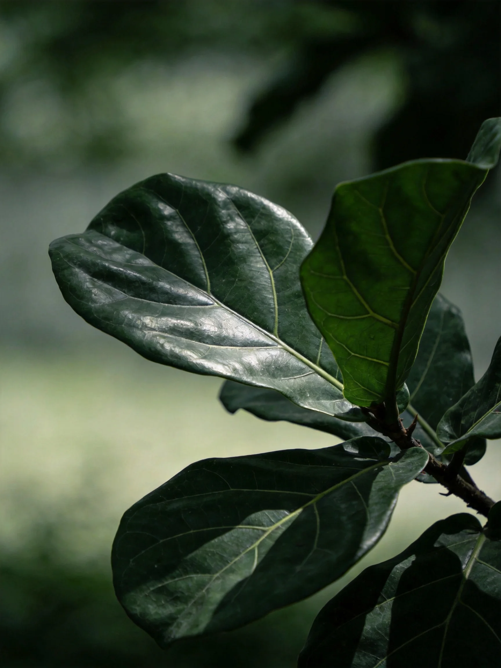 Large glossy dark green fig leaves with prominent veins in a blurred natural scene