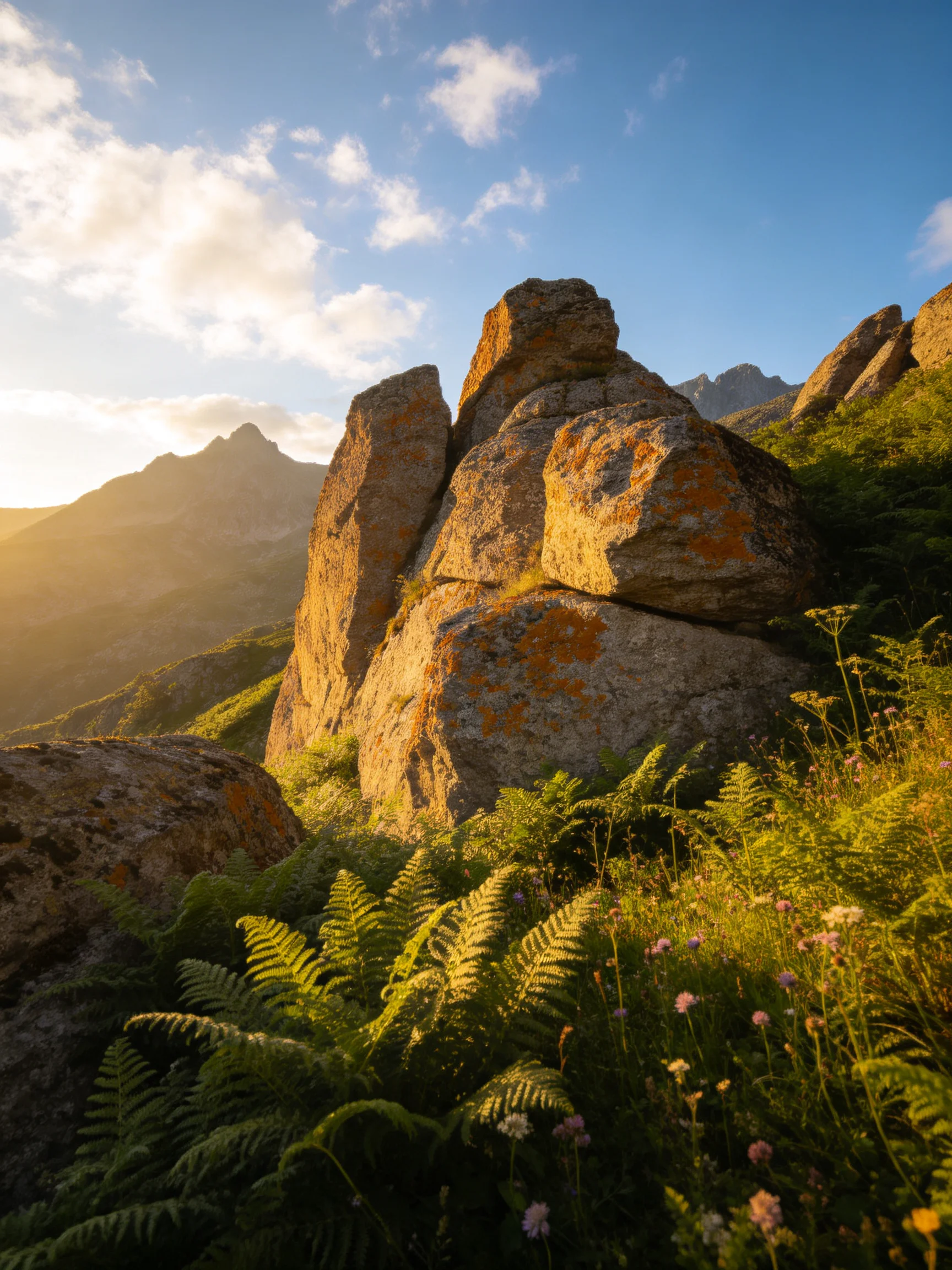 Large weathered rocks with orange patches beside lush ferns and wildflowers