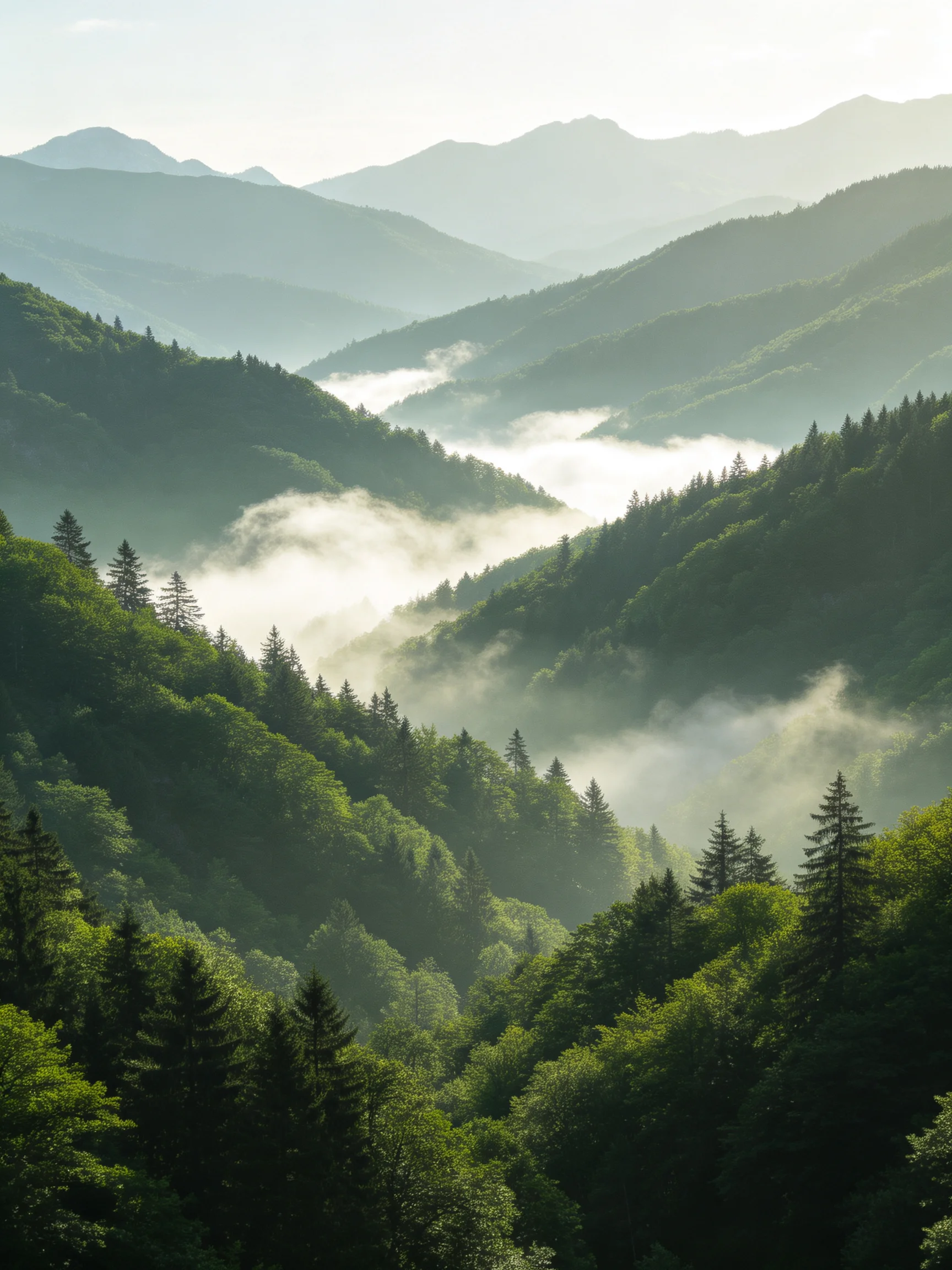 Layered Forested Mountains With Misty Valleys