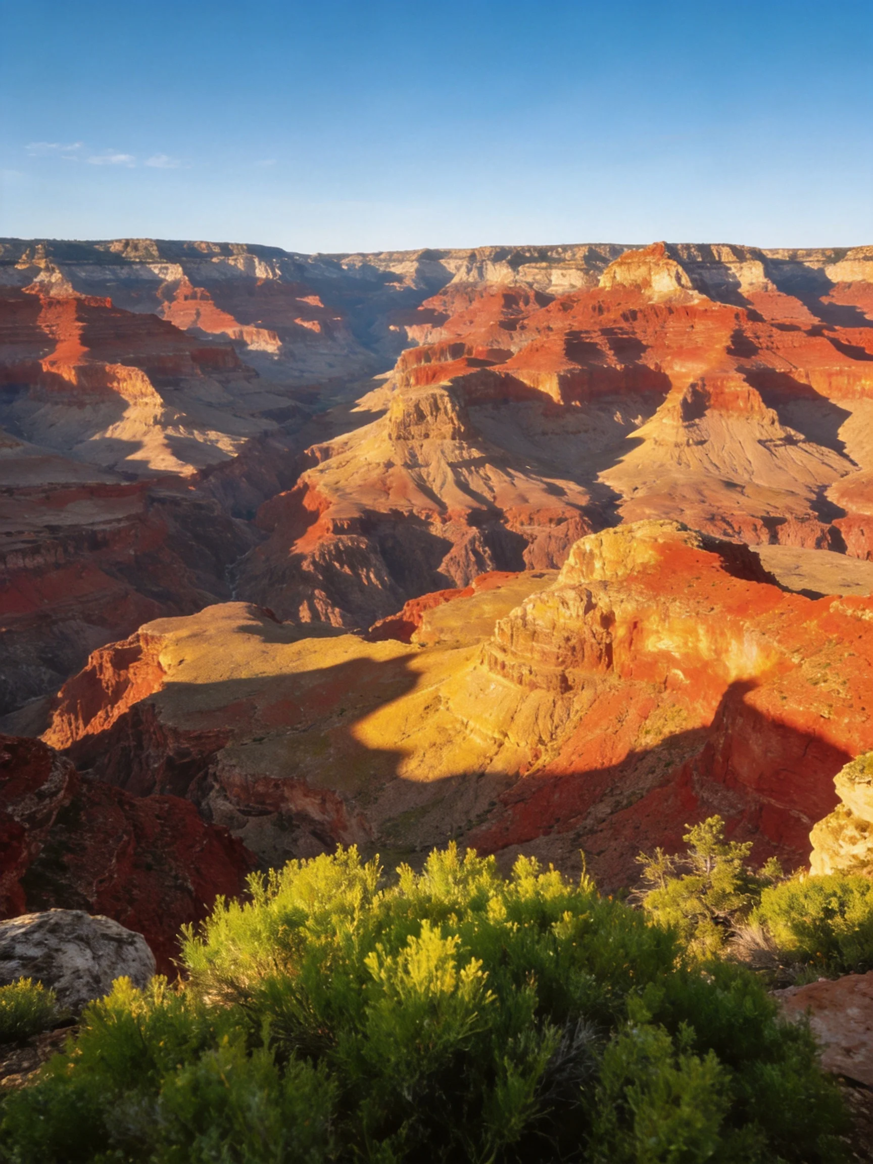 Layered Red Rock Canyons with Lush Green Foreground