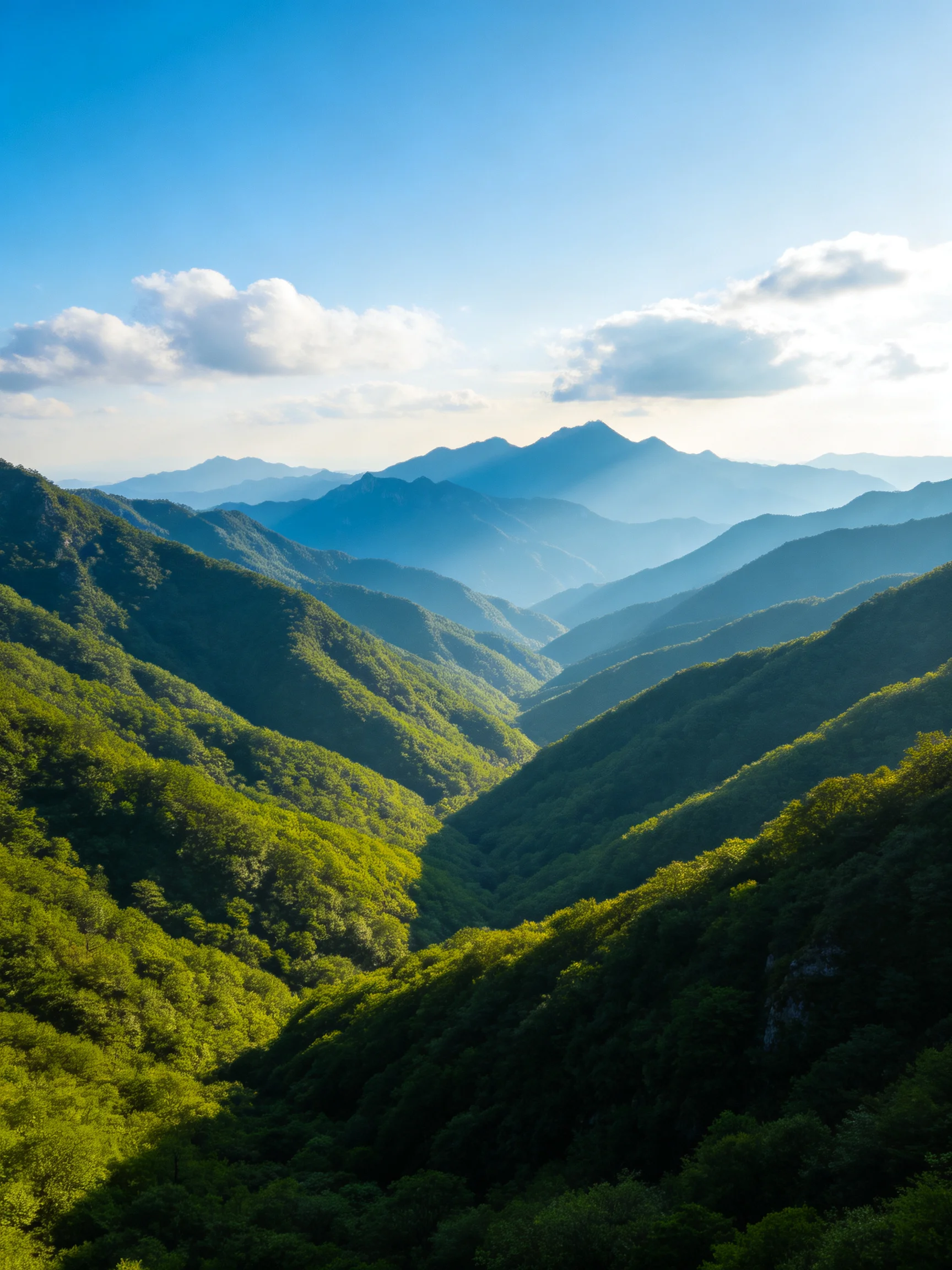 Layered mountain ranges with lush green forests under bright blue skies