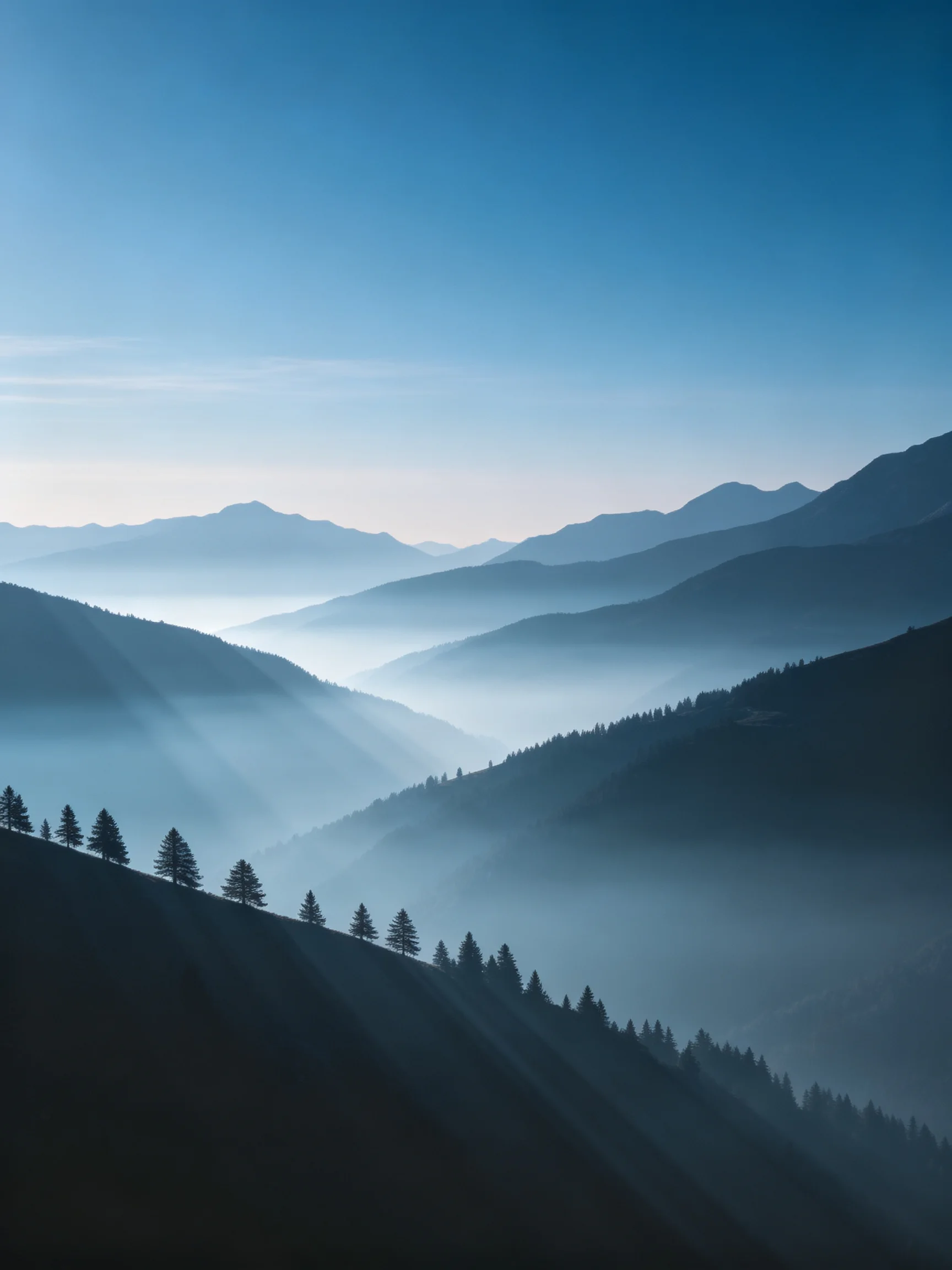 Layered mountain ranges with misty valleys and blue skies