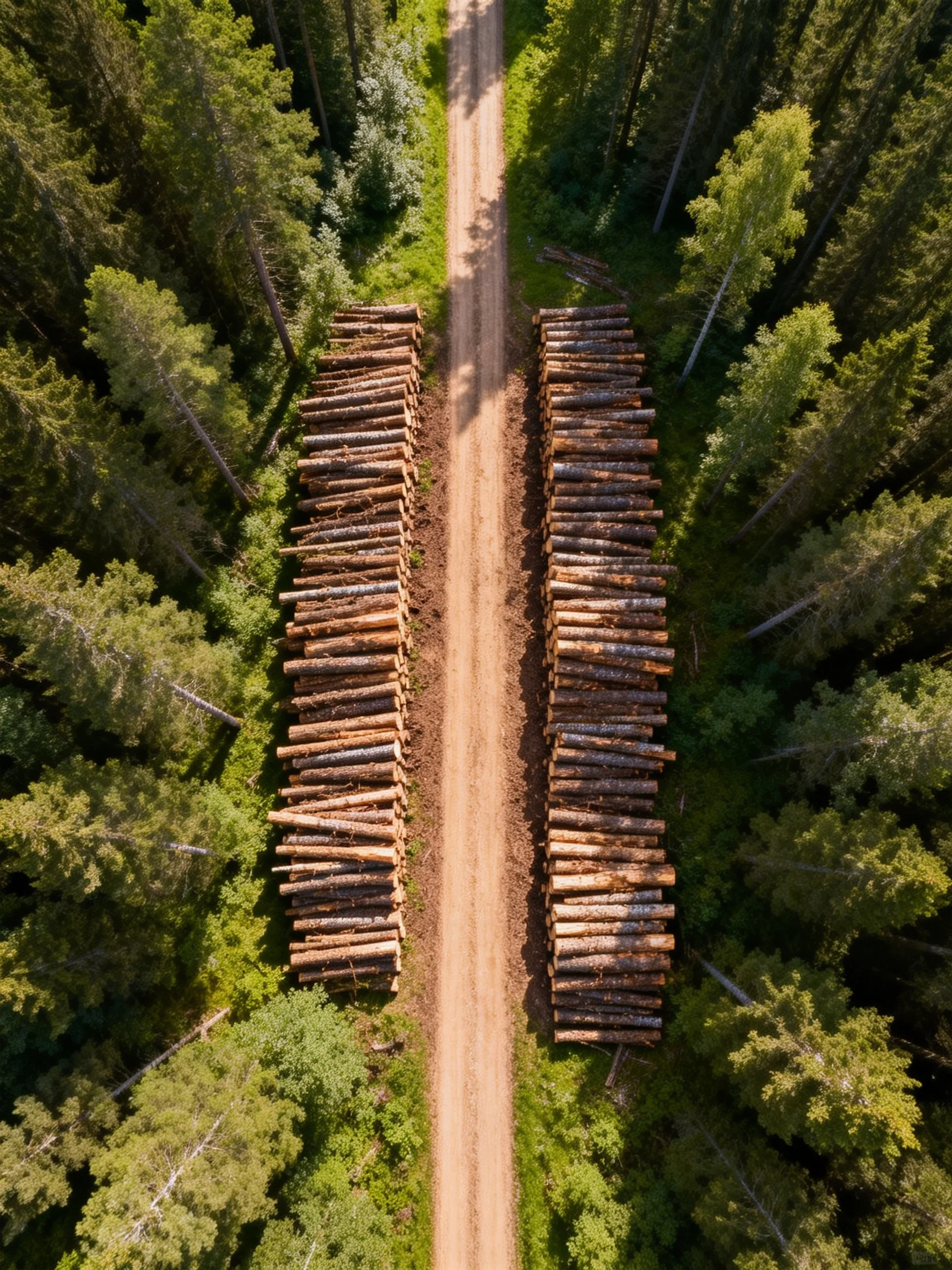 Log piles sit beside a dirt road in a lush forest