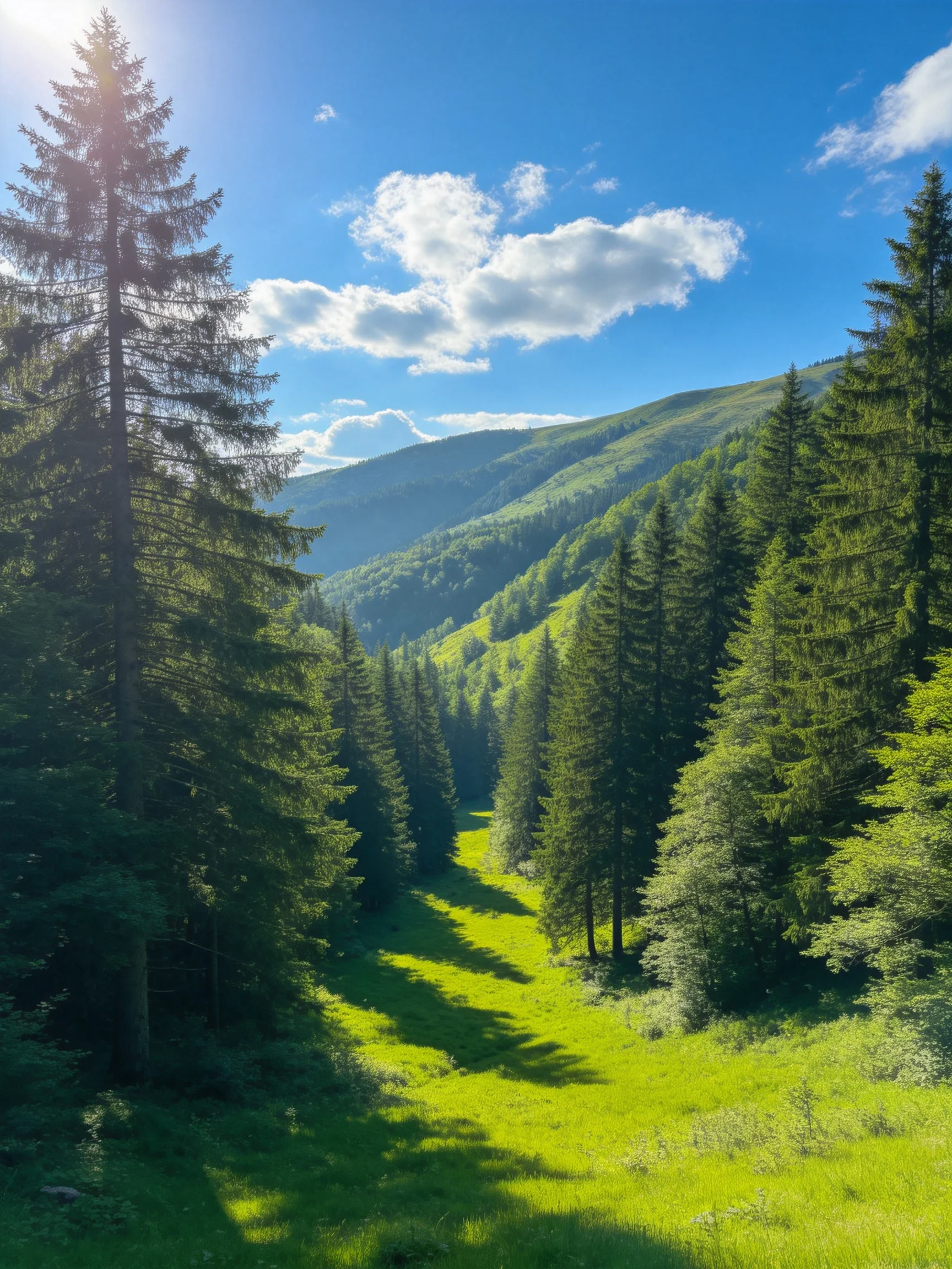 Lush Forest Valley with Towering Pines and Rolling Green Hills