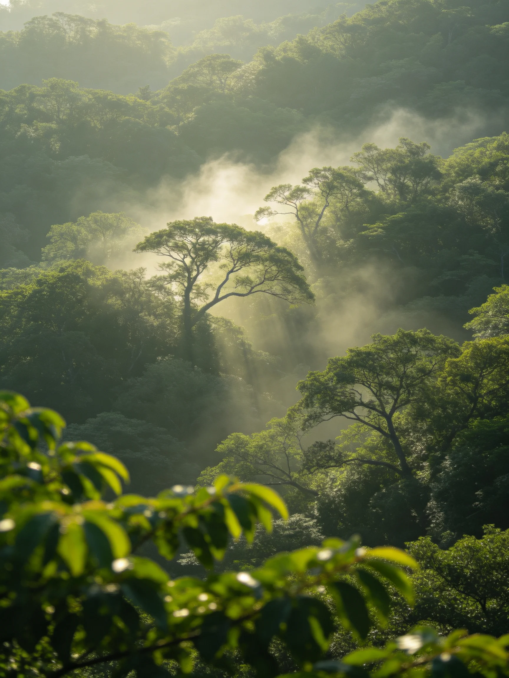 Lush Green Forest with Mist and Sunlight