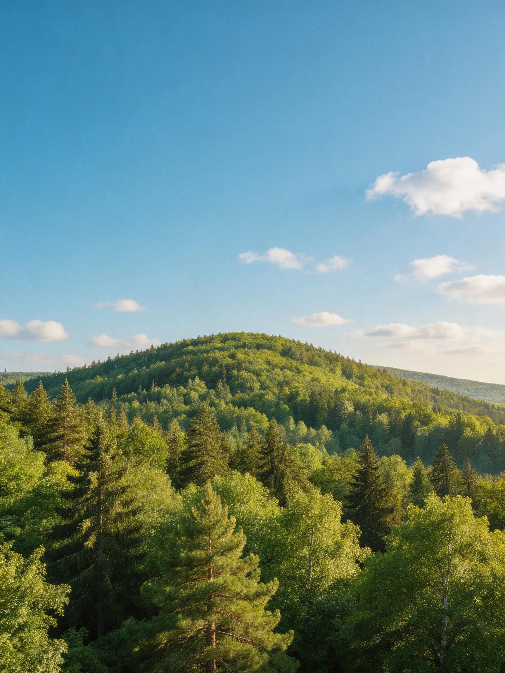 Lush Green Forest with Rolling Hills Under Bright Blue Sky