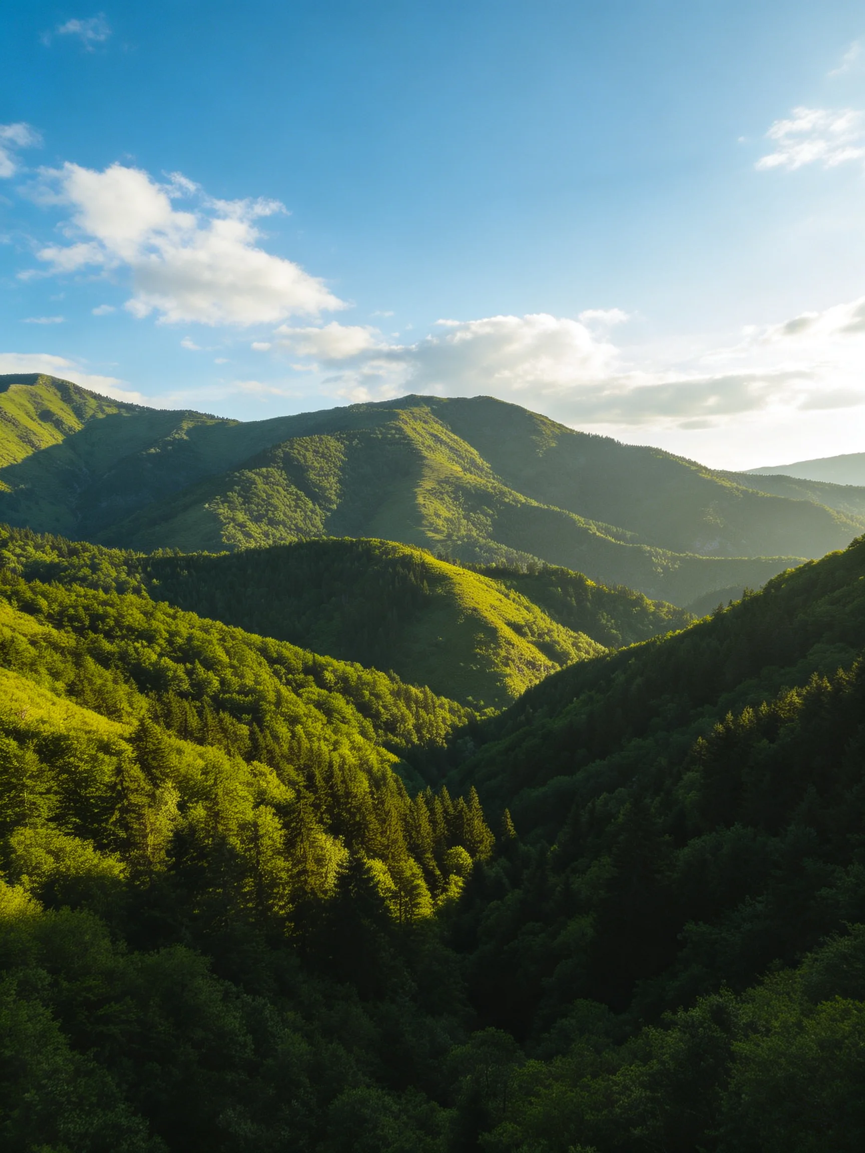 Lush Green Forested Hills Under Bright Blue Sky