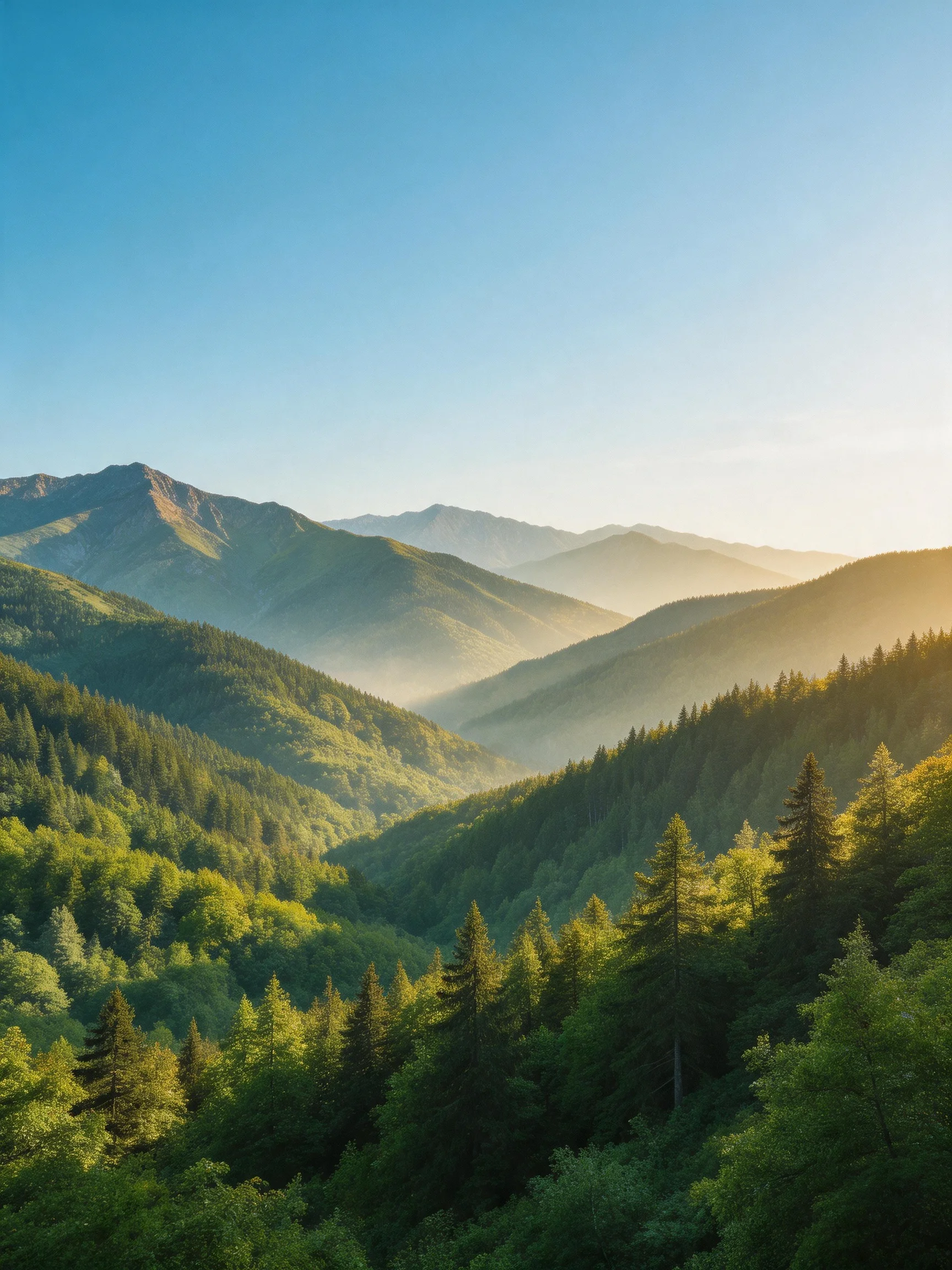 Lush Green Forests and Layered Mountain Ranges Under Clear Blue Sky