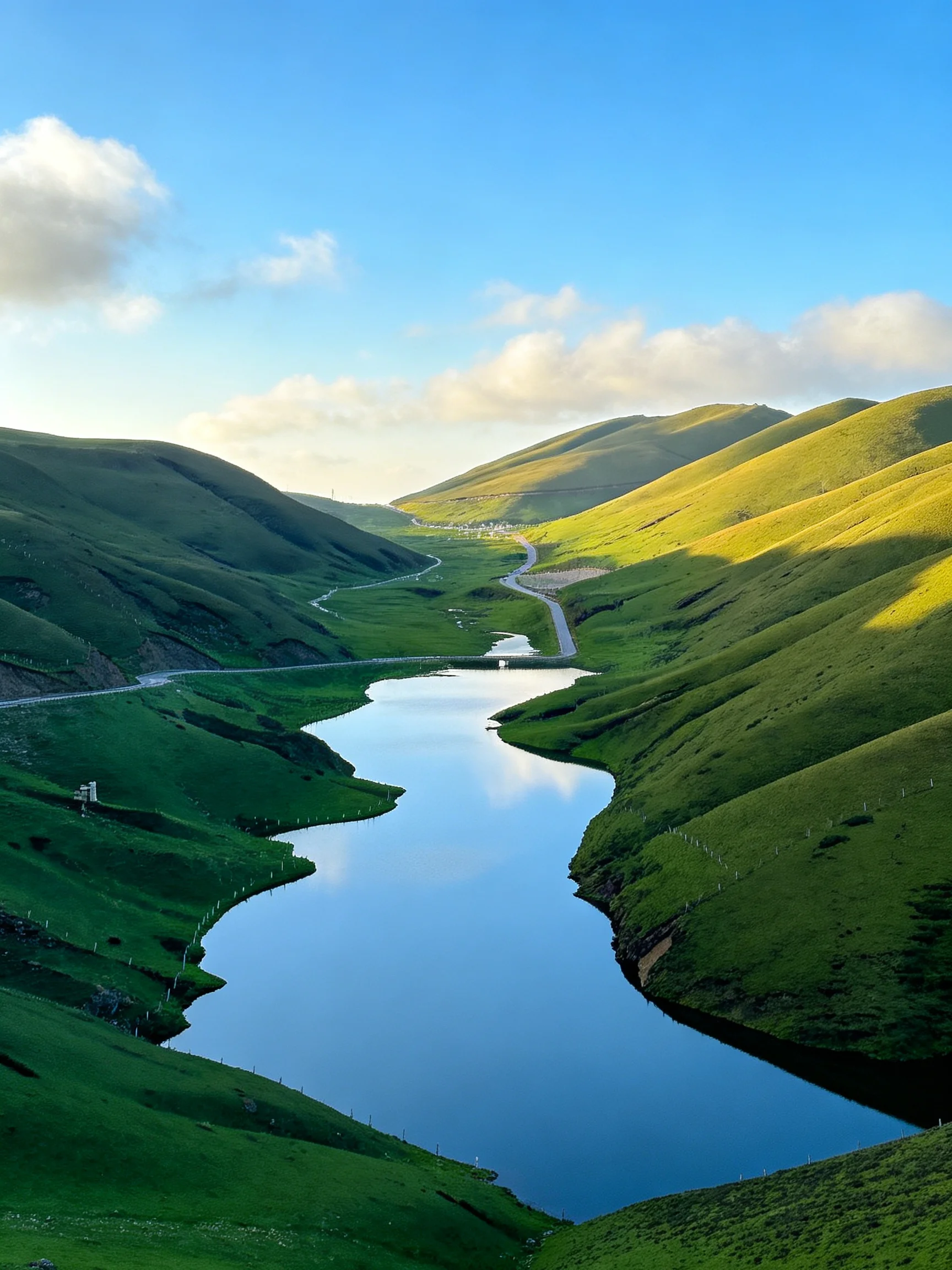 Lush Green Hills, Meandering River, and Clear Blue Sky
