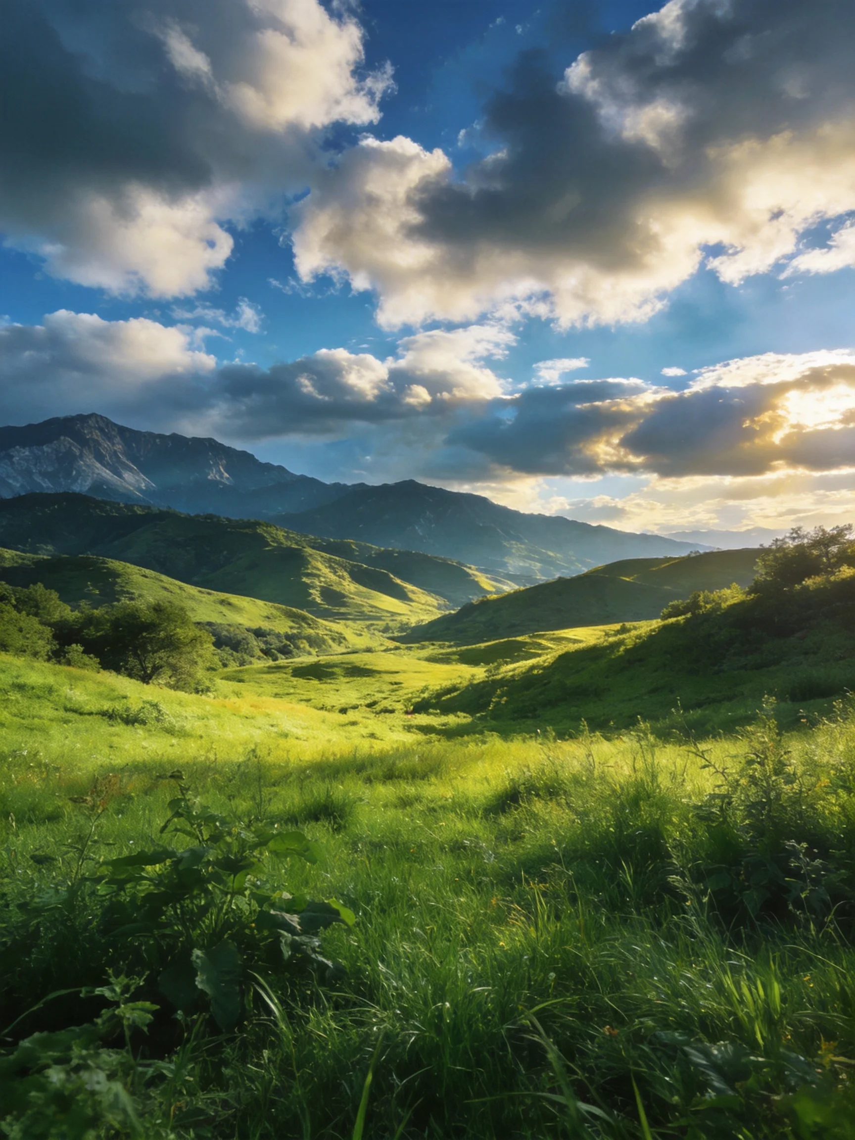 Lush Green Hills Under Dynamic Blue Sky with Sunlight
