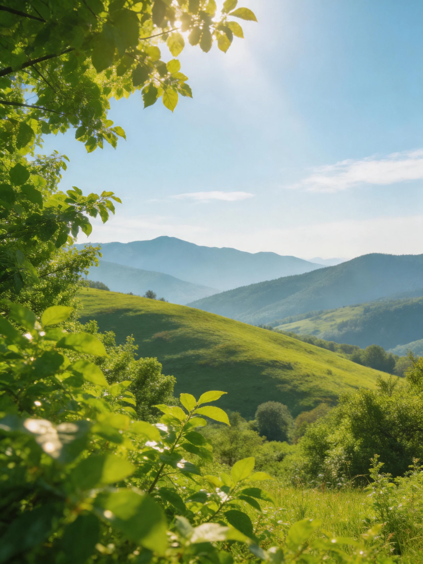 Lush Green Hills and Distant Blue Mountain Range Under Sunny Sky