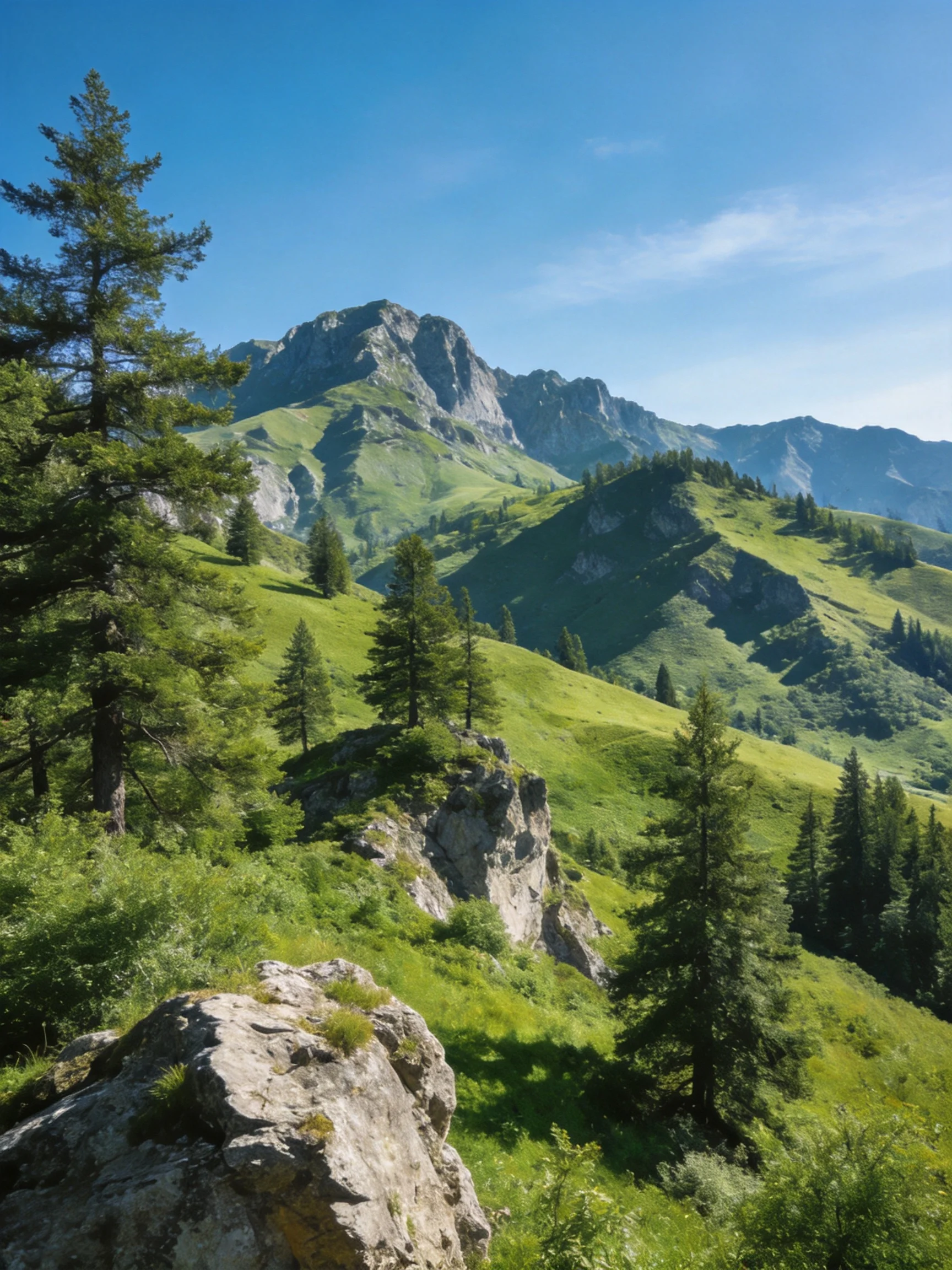 Lush Green Hills and Rocky Peaks Under Bright Blue Sky