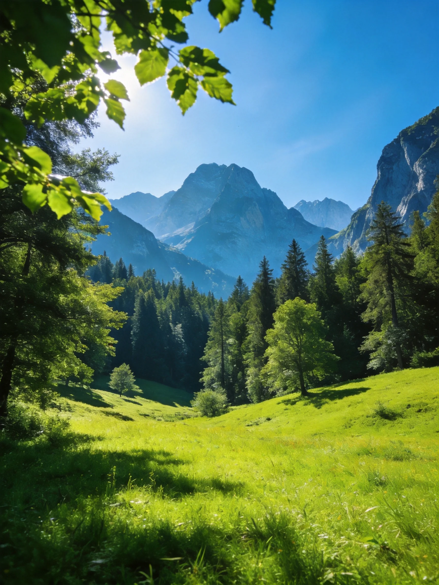 Lush Green Meadow with Dense Forests and Majestic Mountain Peaks