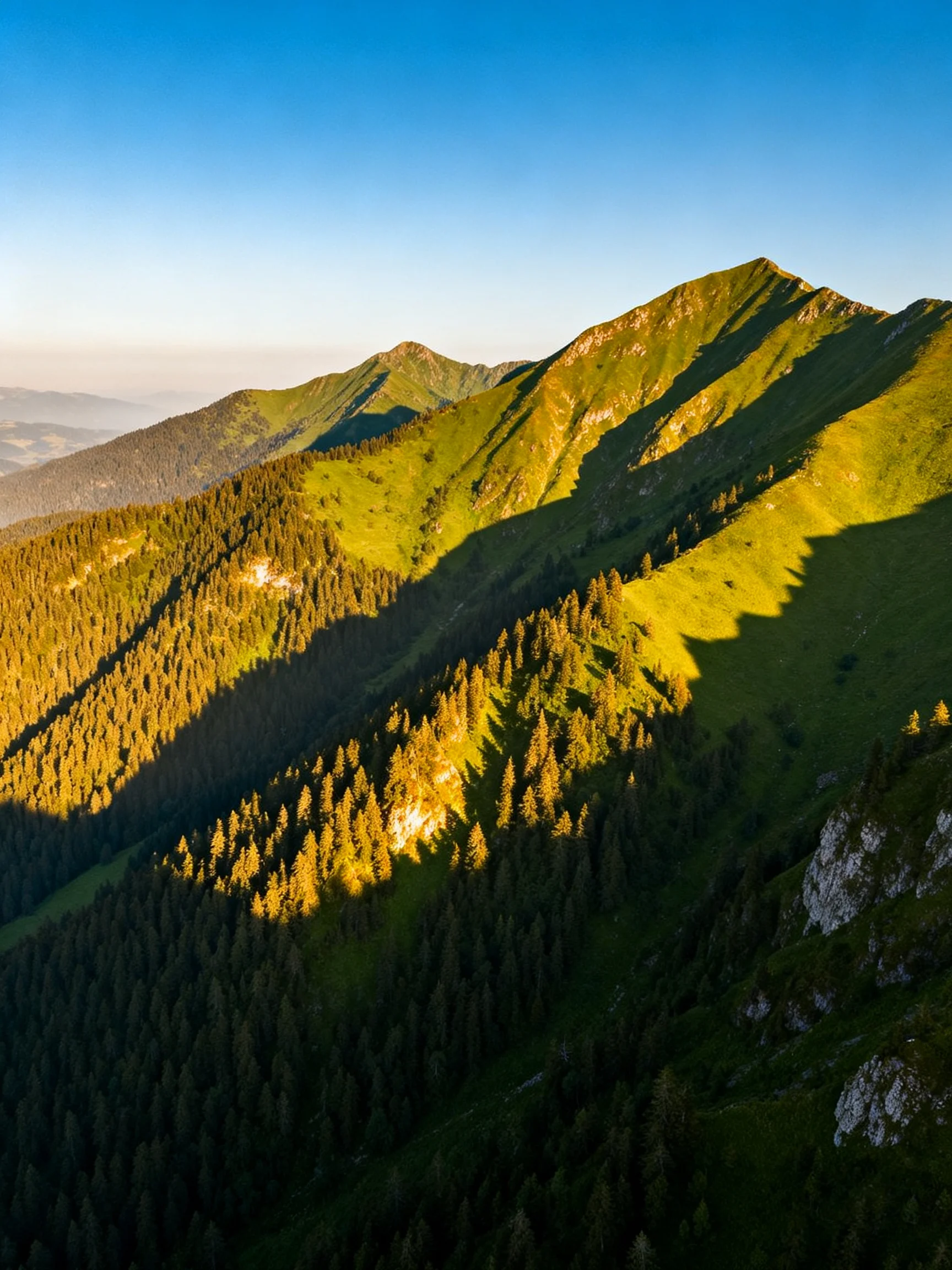 Lush Green Mountain Peaks with Dense Forests Under a Clear Blue Sky