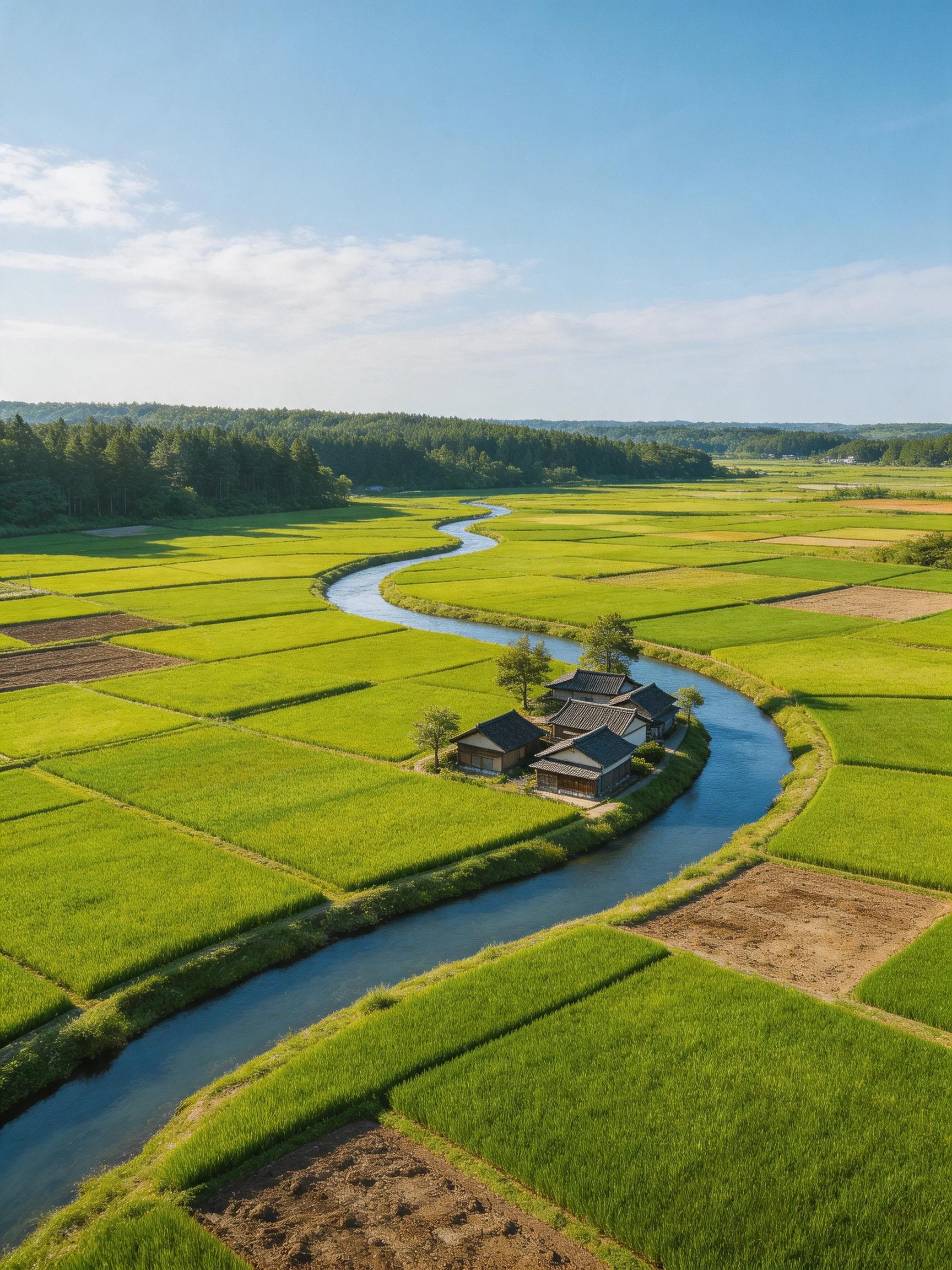 Lush Green Rice Fields with a Curving River and Traditional Houses