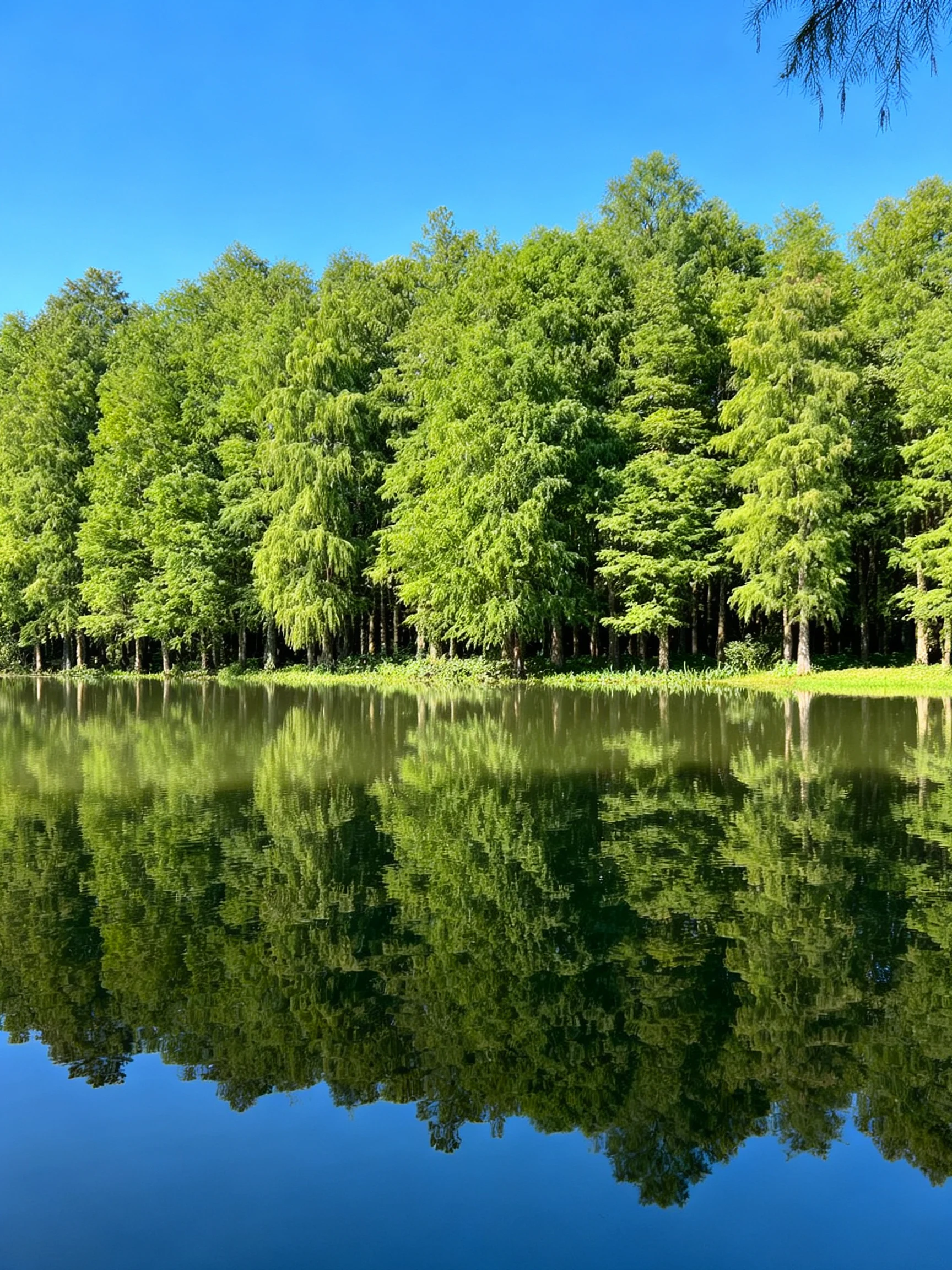 Lush Green Trees Reflecting in Calm Blue Water
