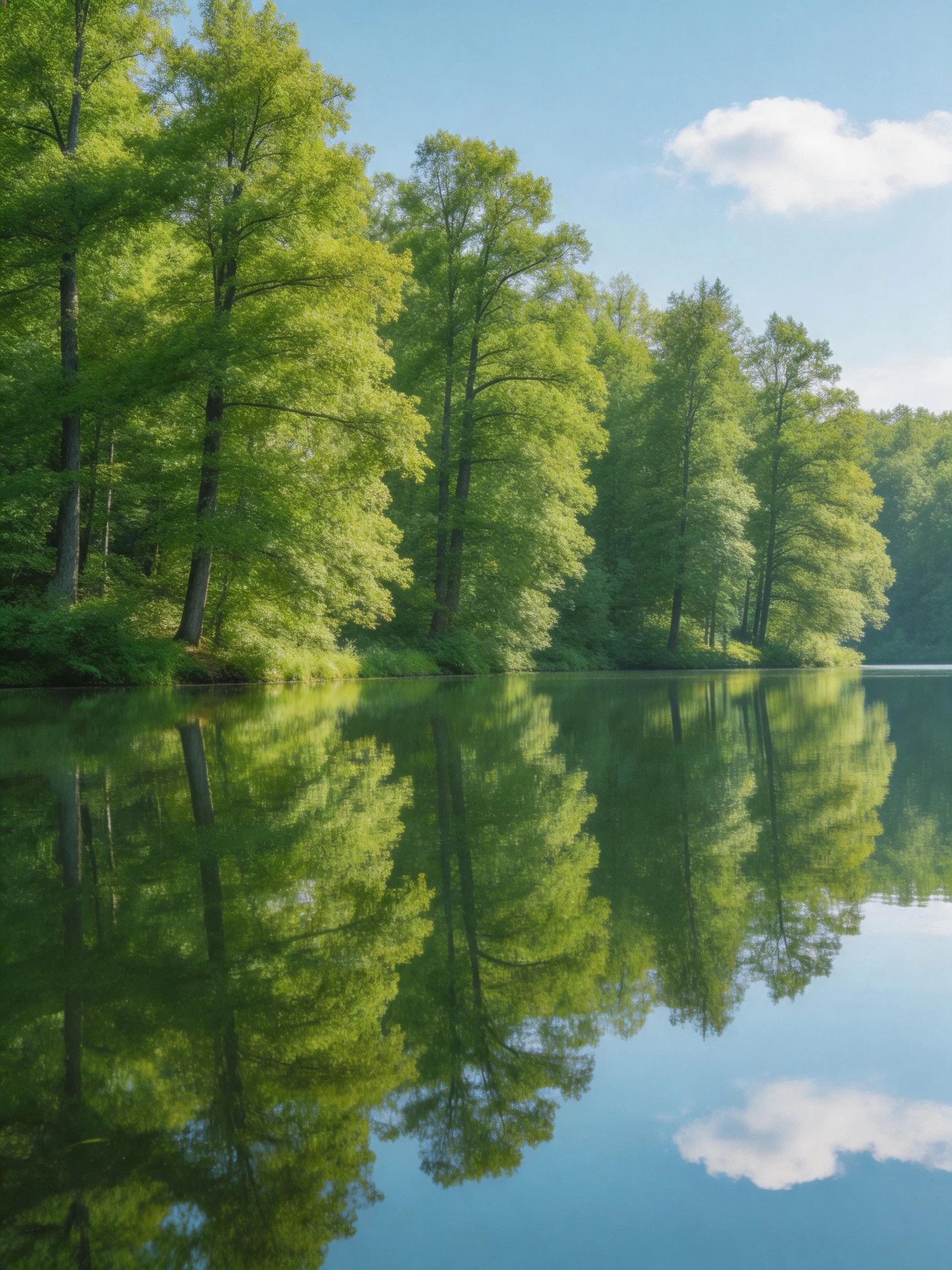 Lush Green Trees Reflecting in Calm Lake Waters