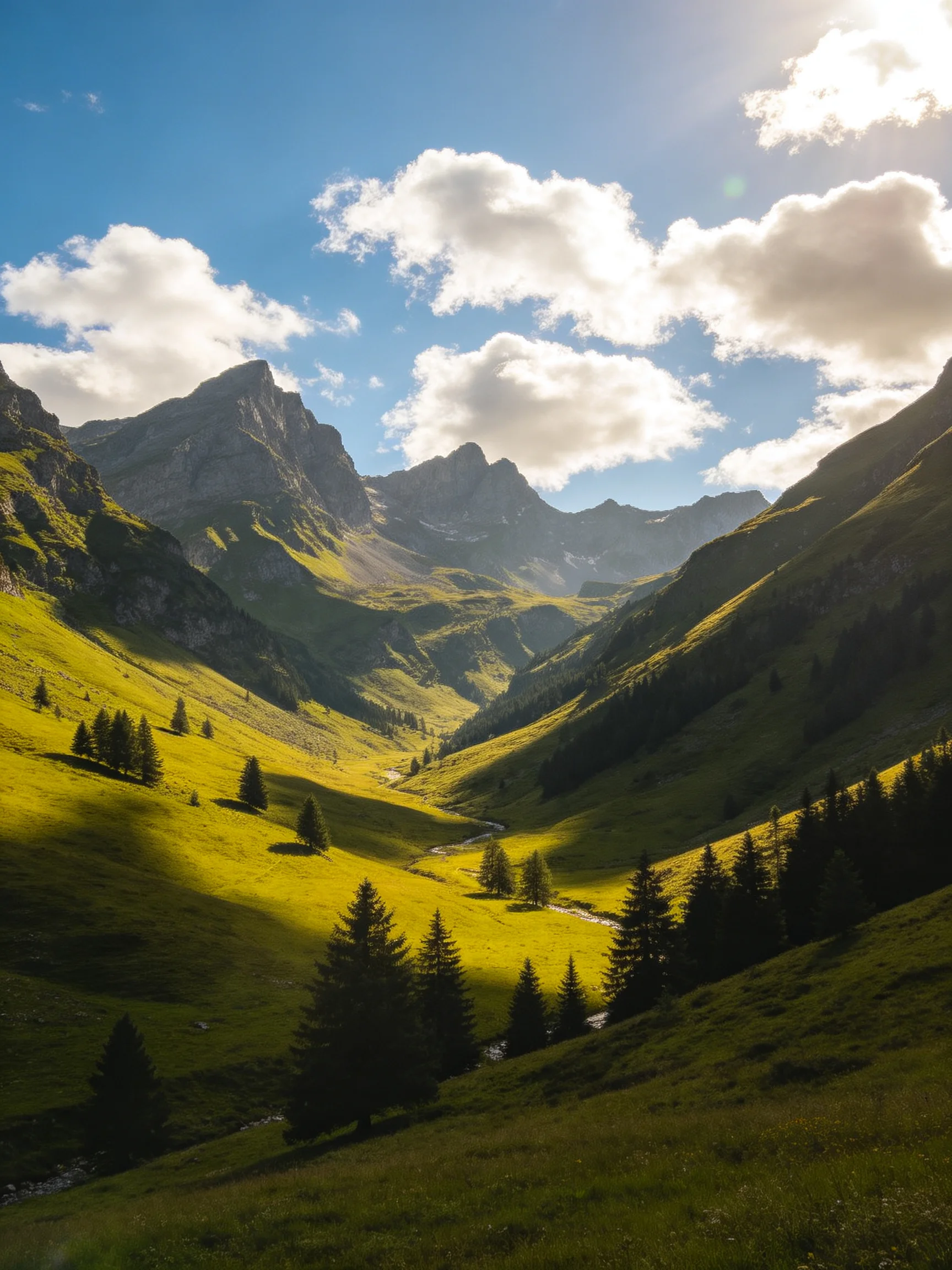 Lush Green Valley With Majestic Mountains Under Bright Blue Sky