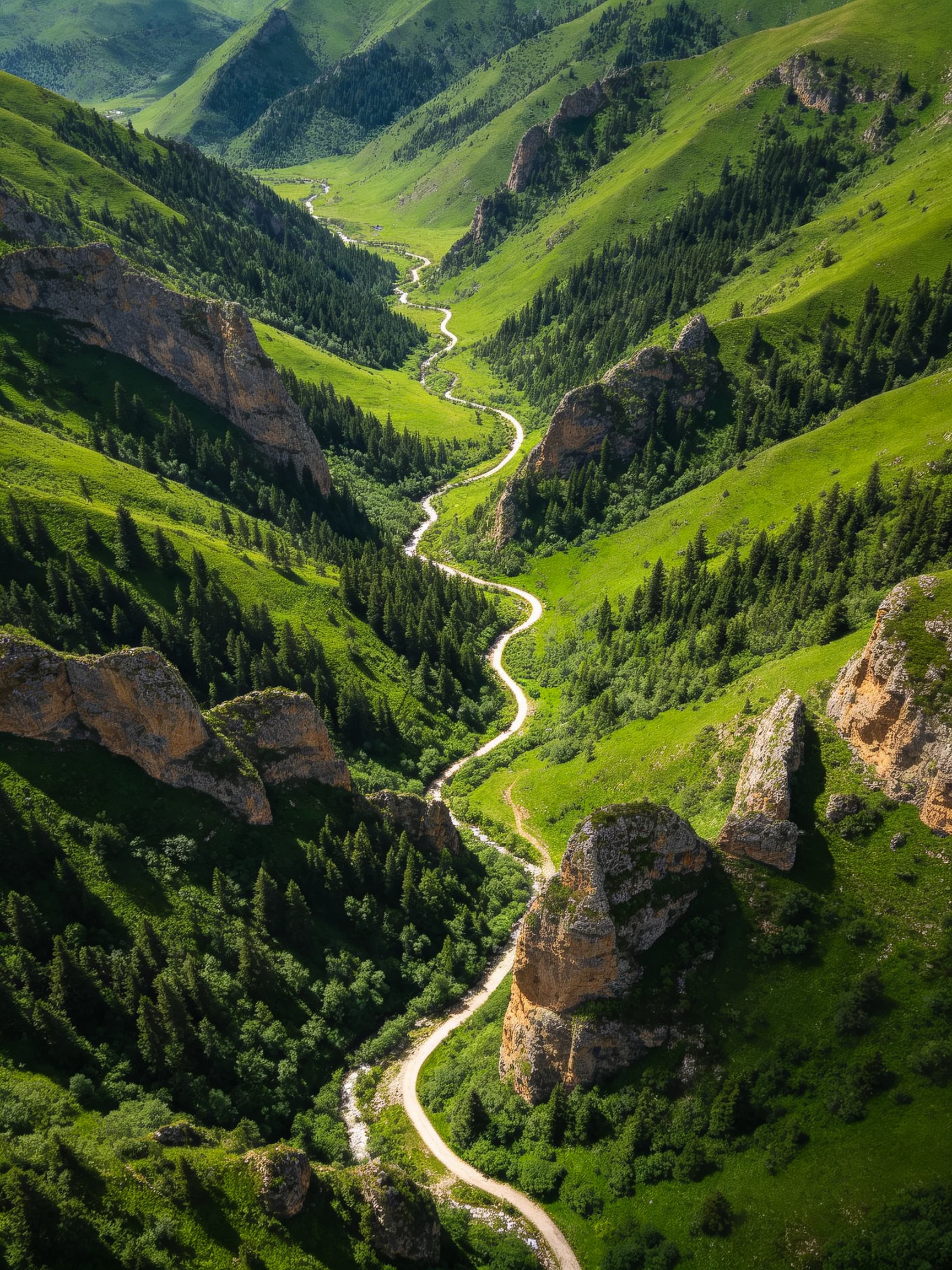 Lush Green Valley with Winding Paths and Rocky Formations