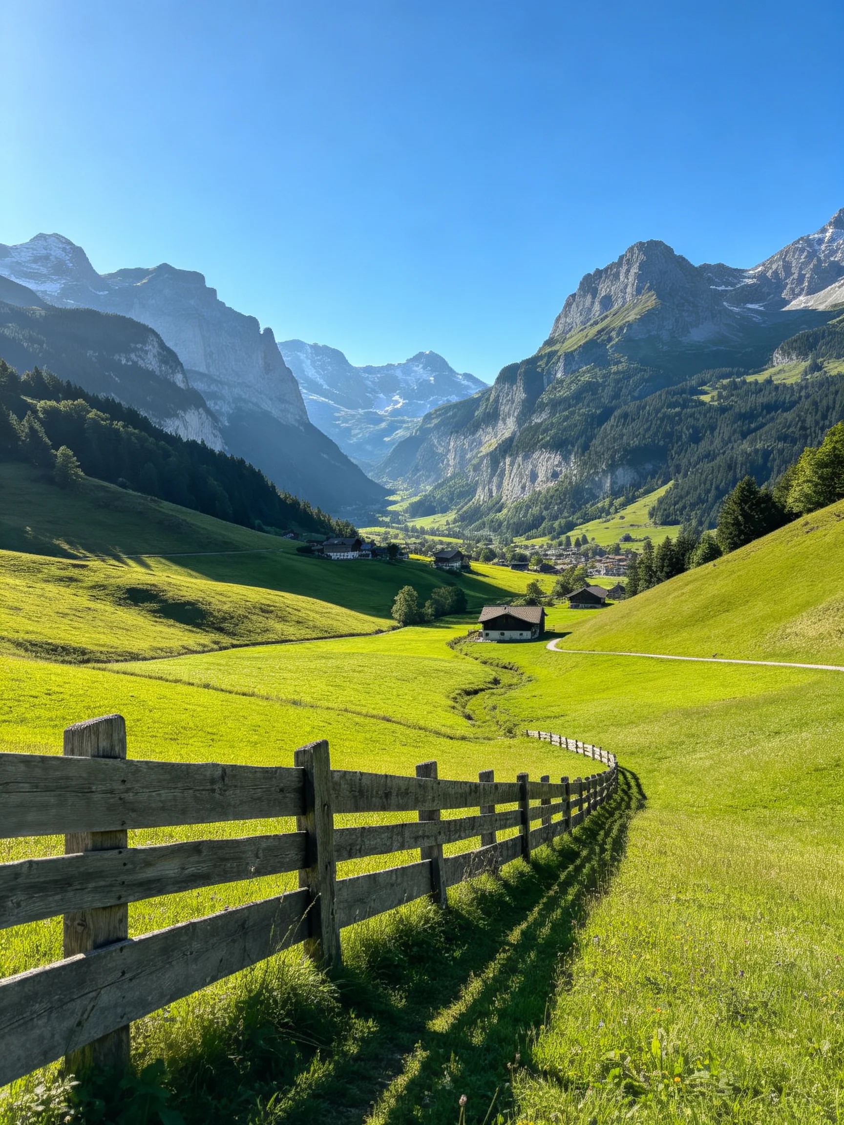 Lush Green Valley with Wooden Fence and Majestic Mountain Peaks