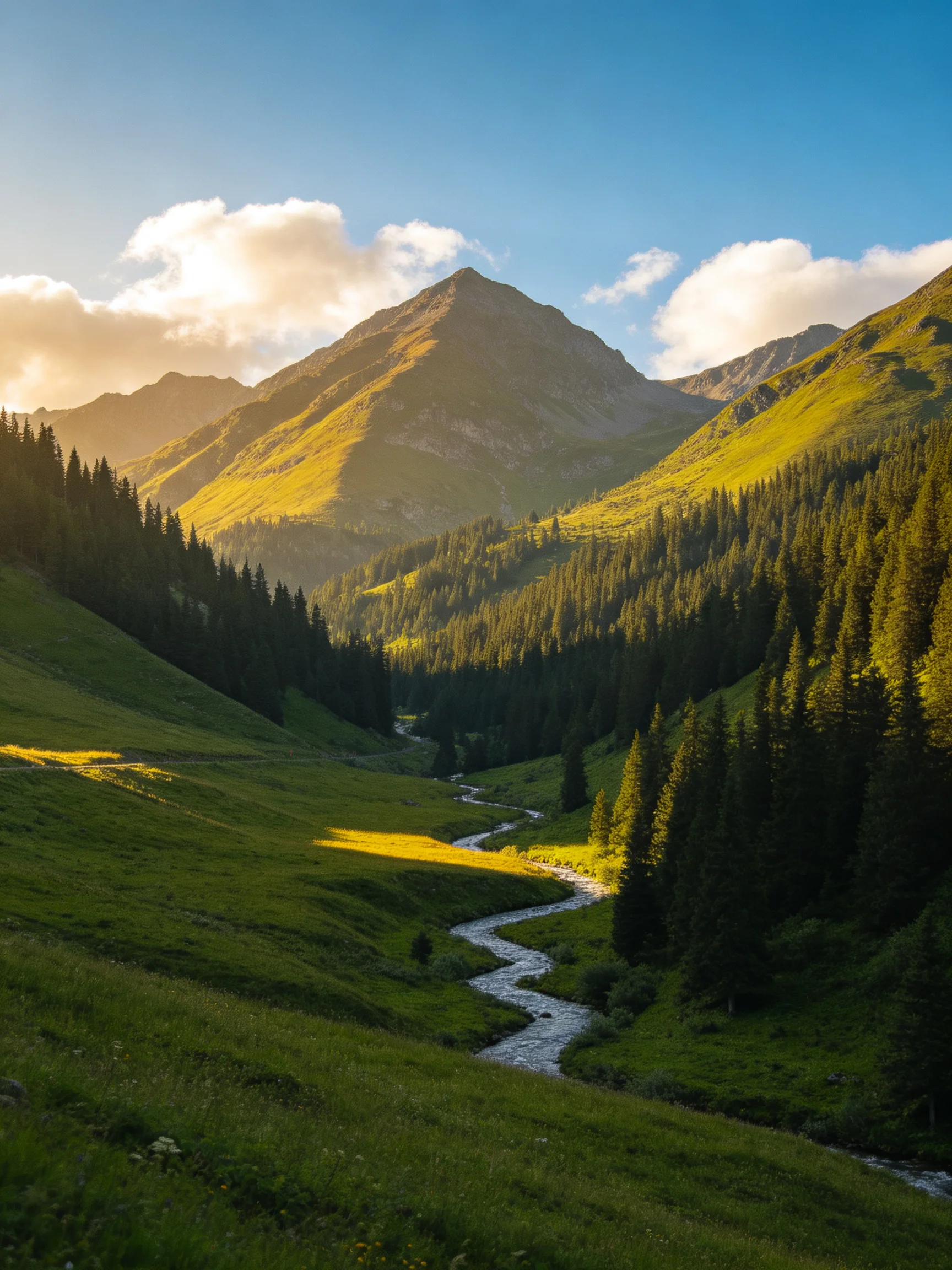 Lush GreenValley with Forests, Stream, and Sunlit Mountains