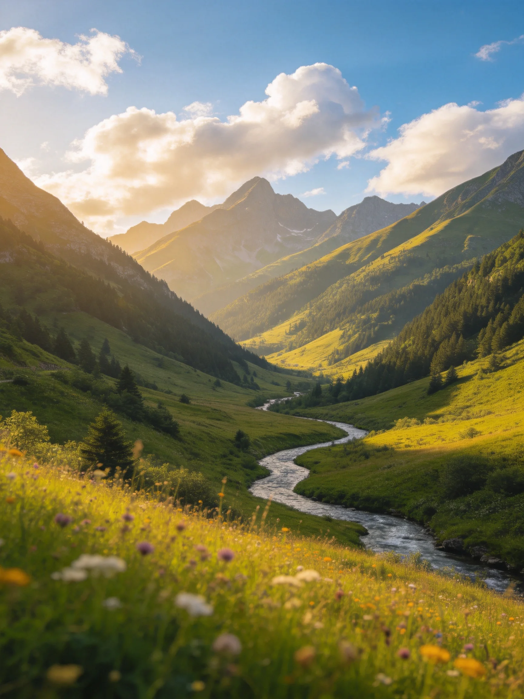 Lush Mountain Valley with Winding Stream and Wildflowers Under Golden Sunlight