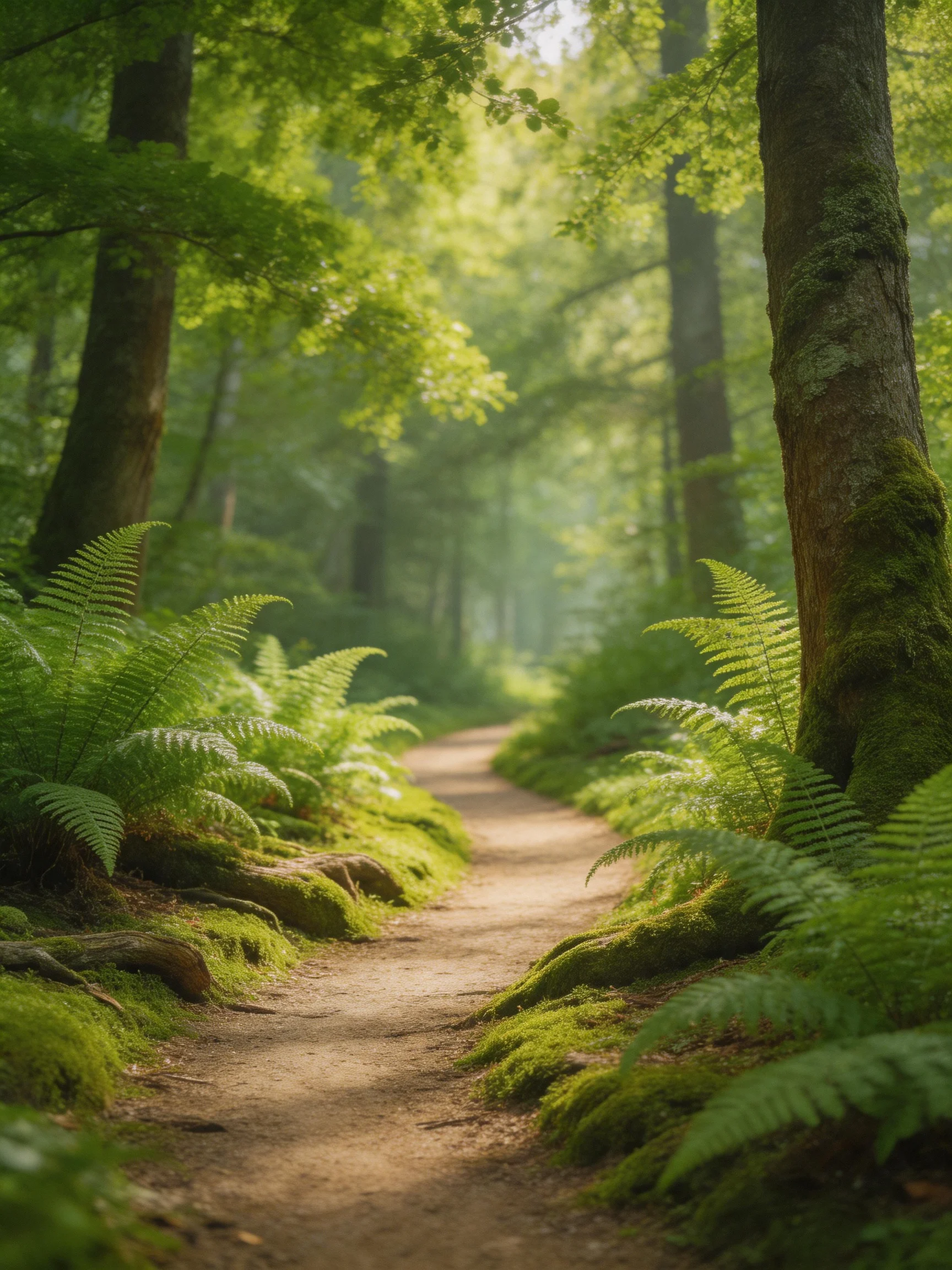Lush ferns border a sunlit forest dirt path