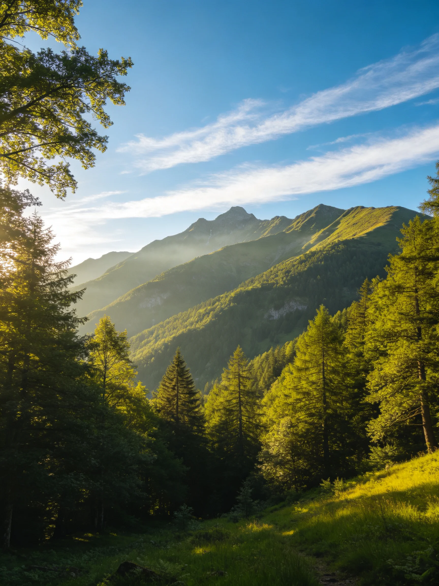 Lush forest and misty mountain range under bright blue sky