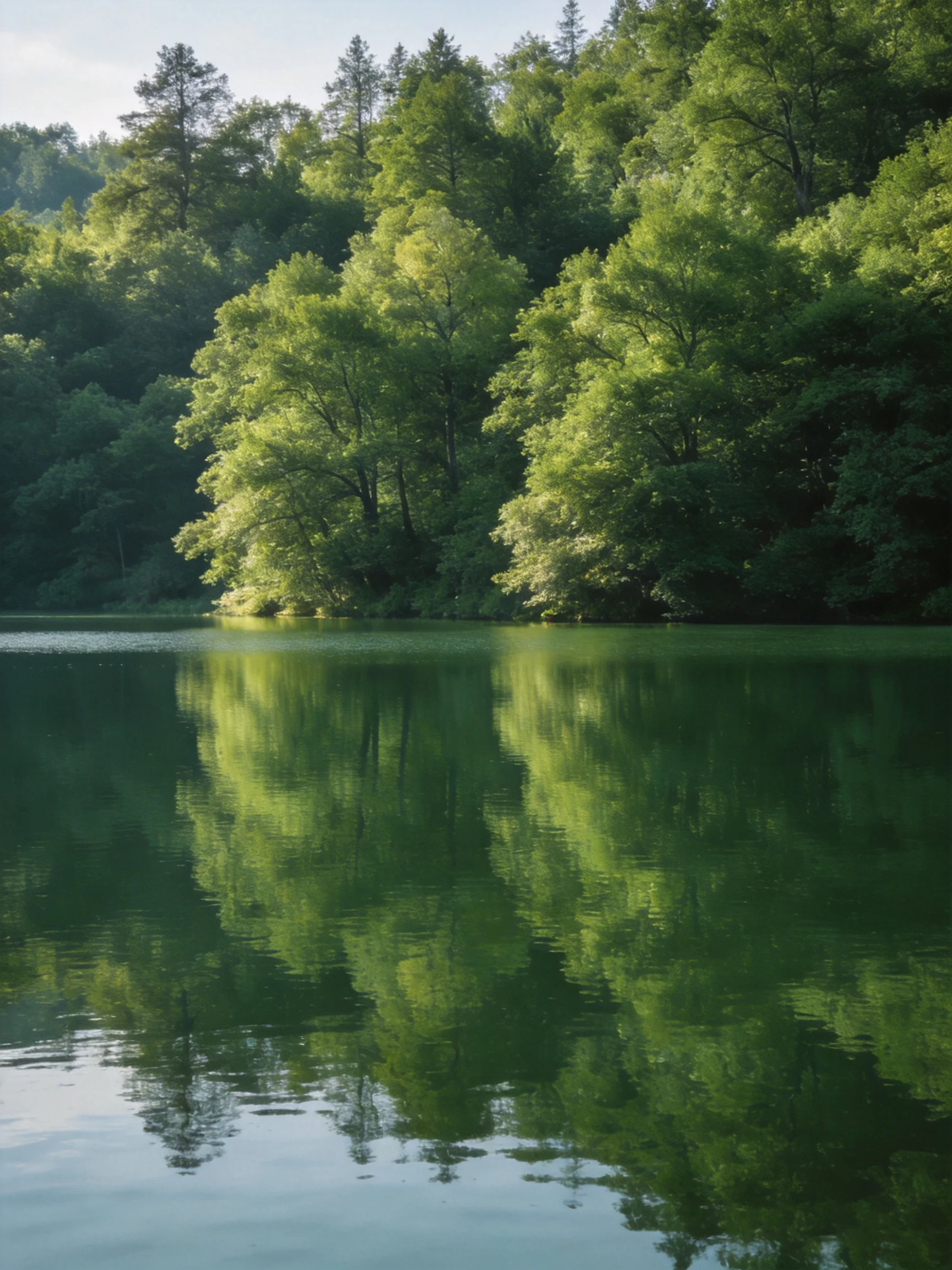 Lush forest reflected in calm, emerald-green lake waters