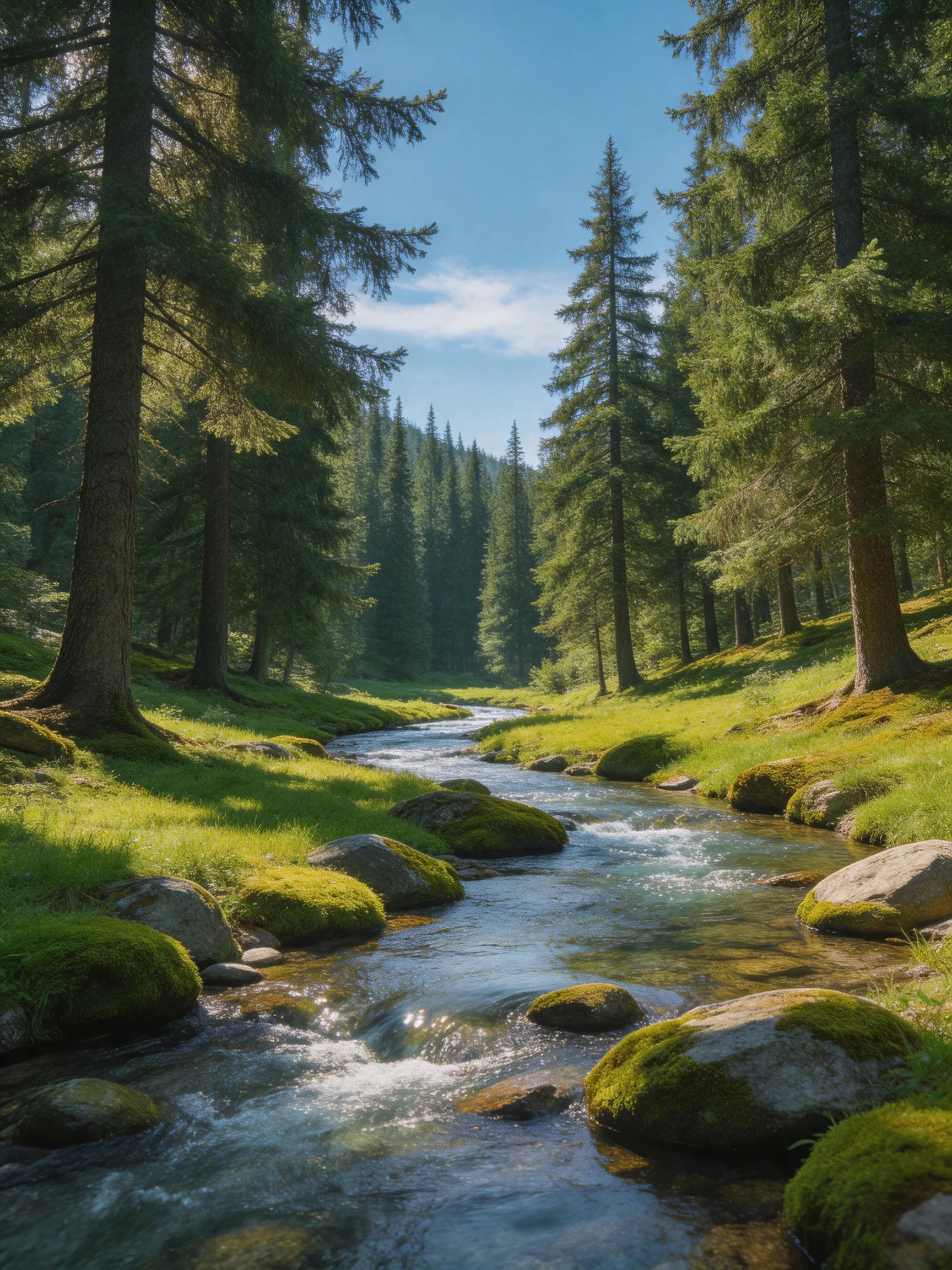 Lush forest stream with tall evergreen trees and moss-covered rocks