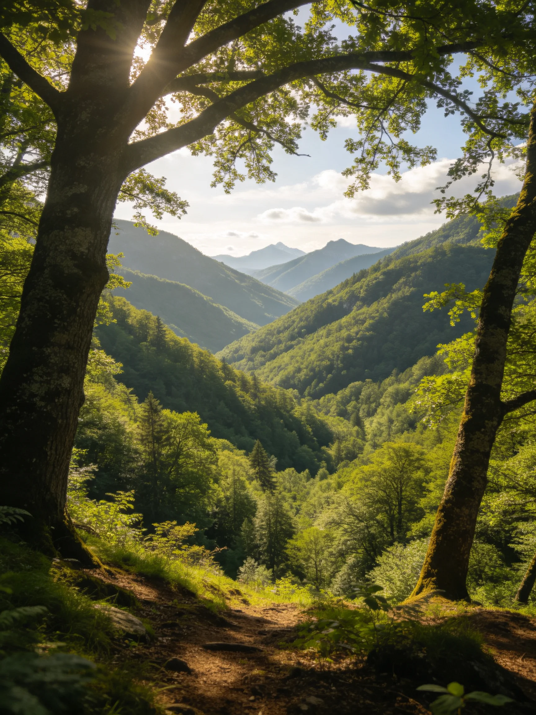 Lush forest valley with towering trees and distant mountain ranges