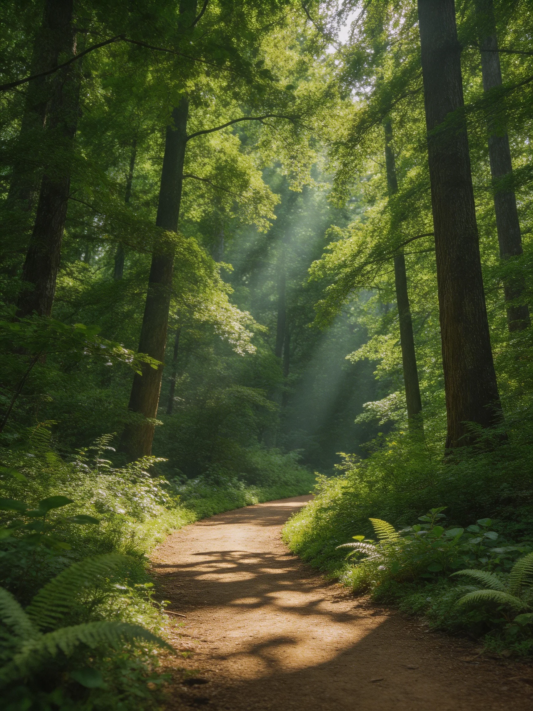 Lush forest with sunlit dirt path winding between tall trees