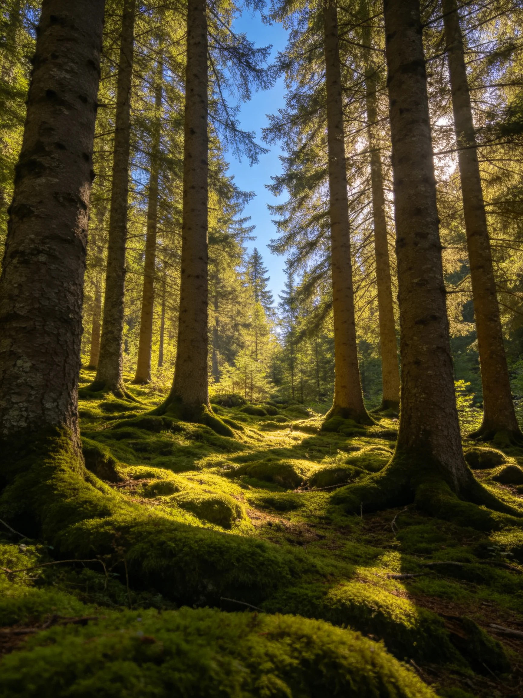Lush forest with tall evergreen trees and mossy ground under sunlight