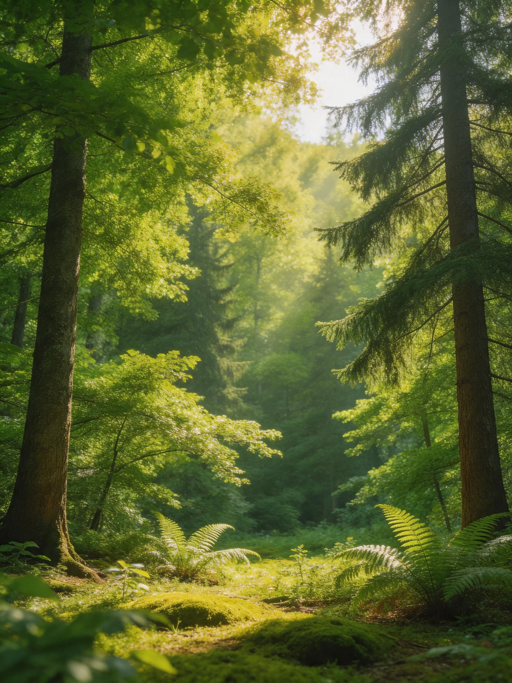 Lush forest with tall trees and ferns under soft sunlight