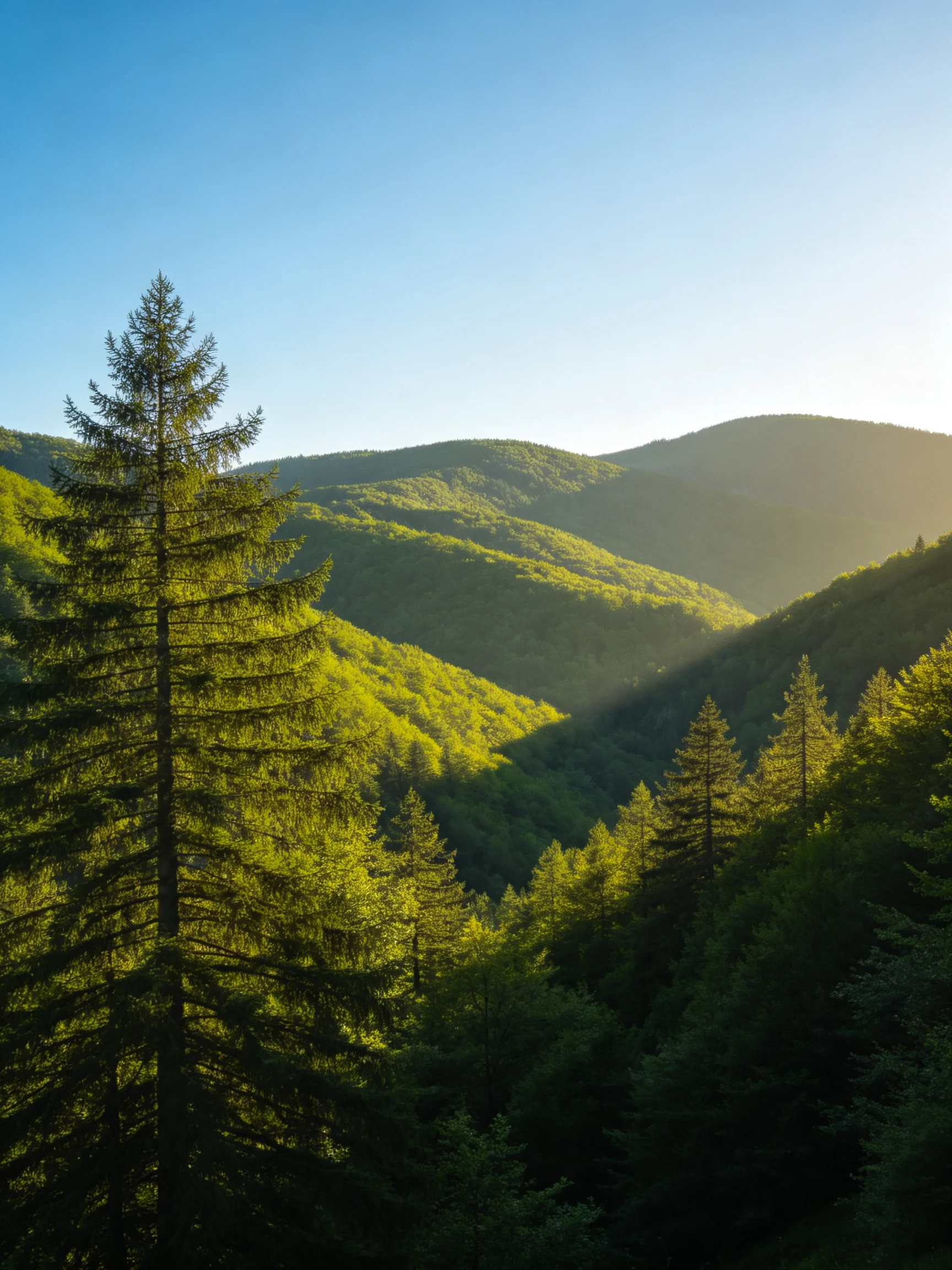 Lush forested hills bathed in golden sunlight