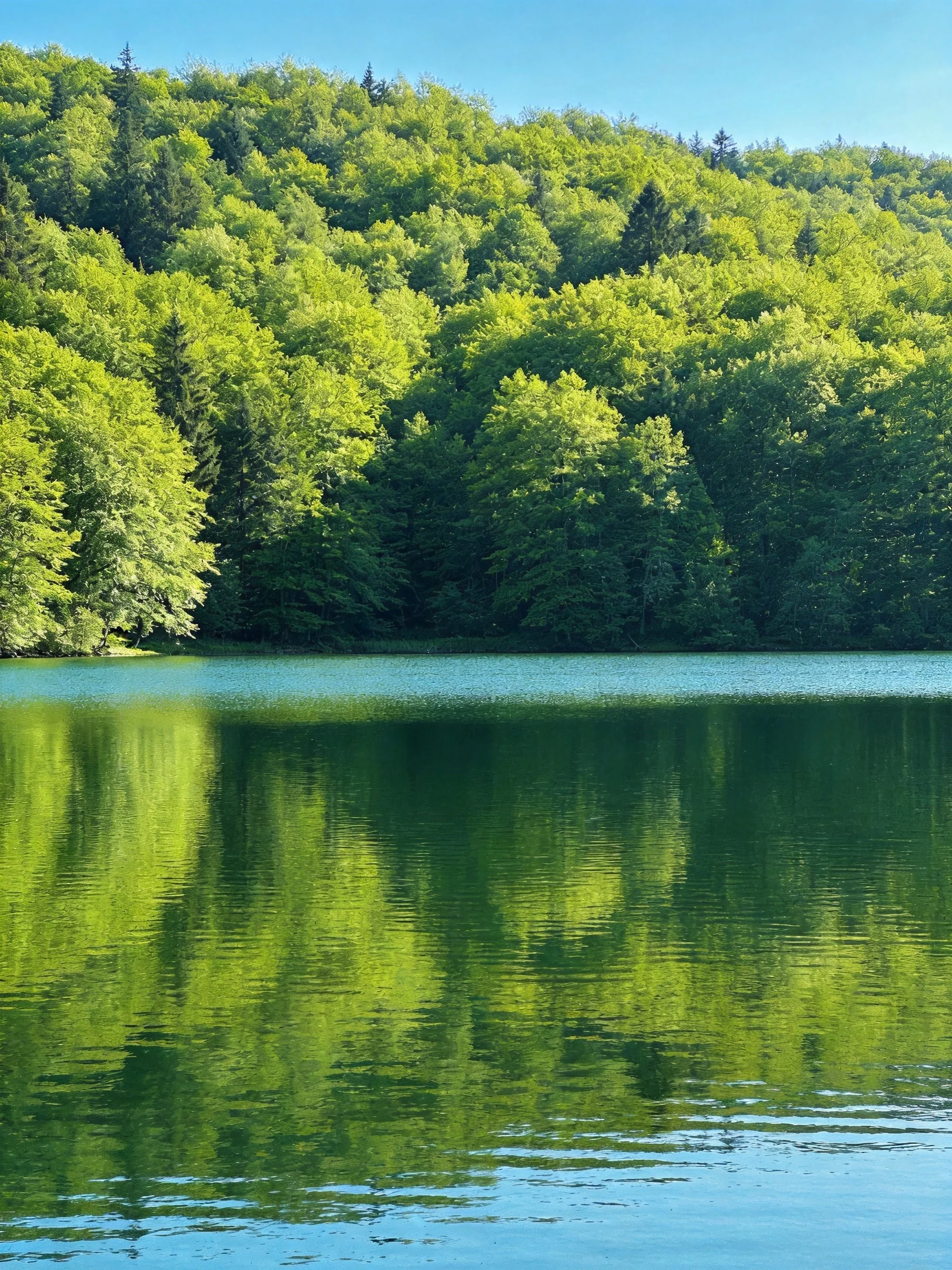 Lush forested hillside reflects in calm blue-green lake waters