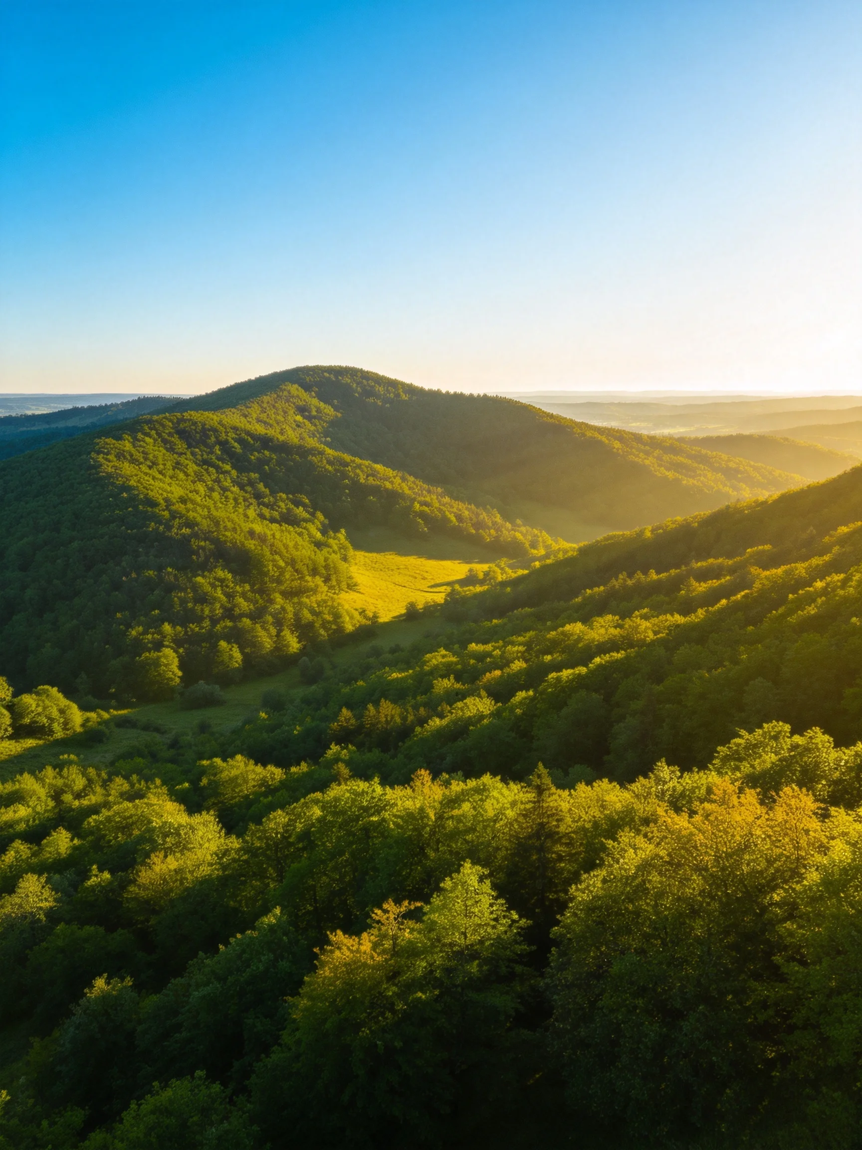 Lush forested rolling hills with golden sunlight