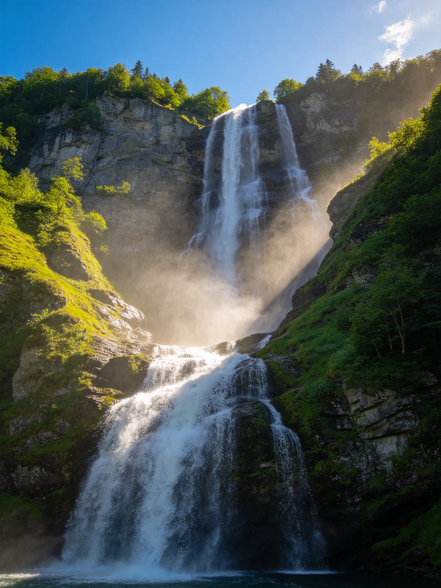 Lush green cliffs frame a tall waterfall pouring into a pool