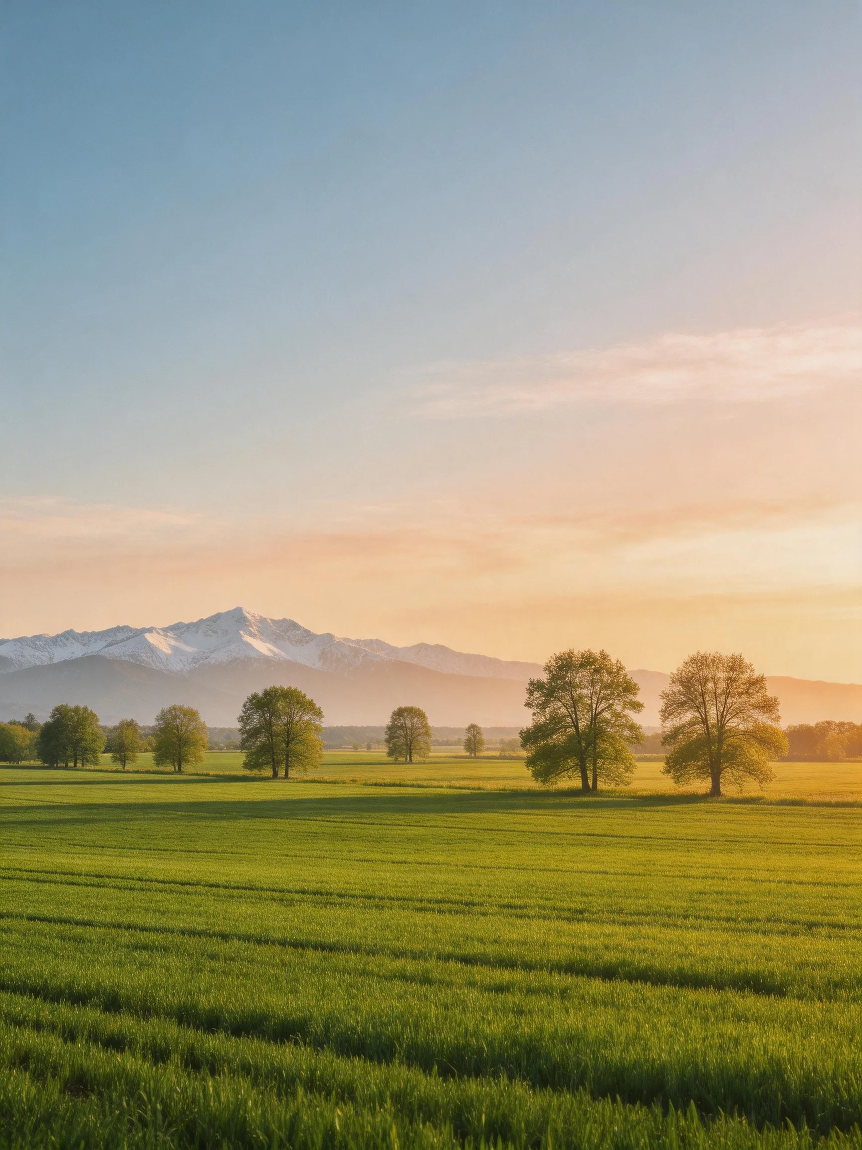 Lush green field with scattered trees near snow - capped mountains under soft golden sunrise