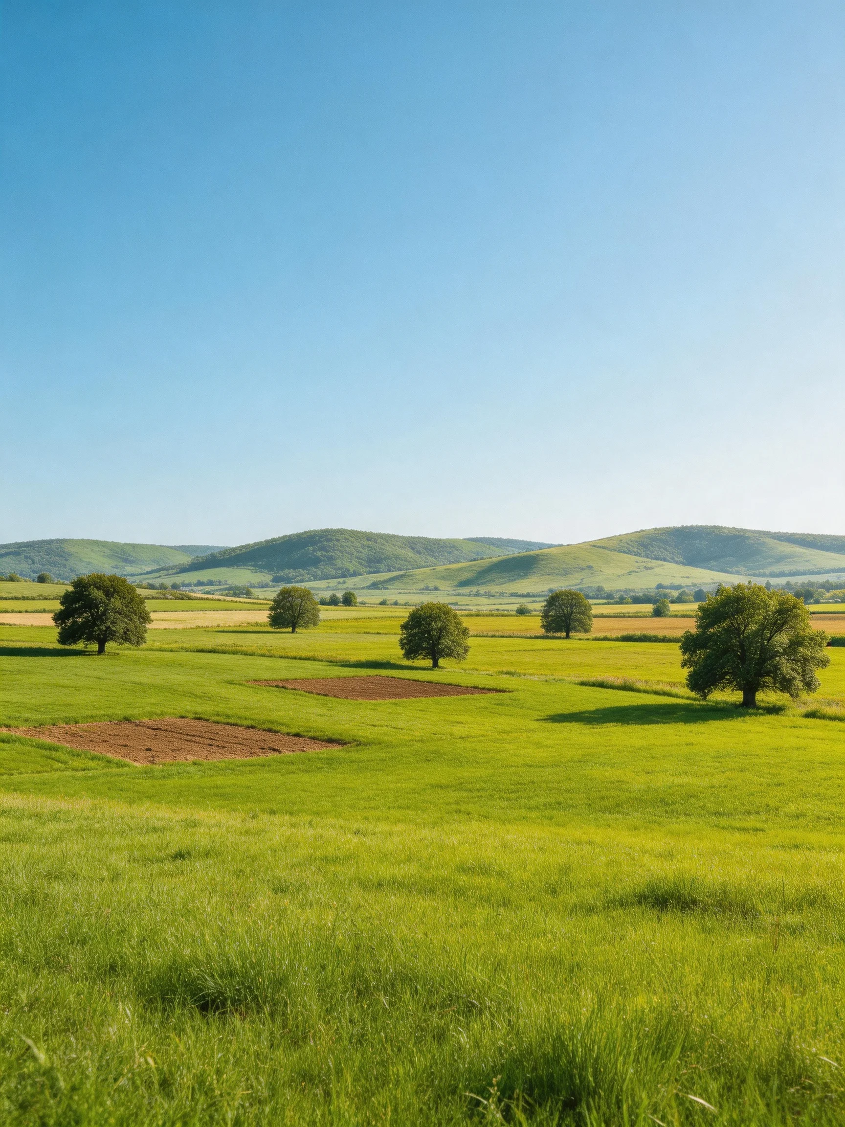 Lush green fields with scattered trees and rolling hills under clear blue sky
