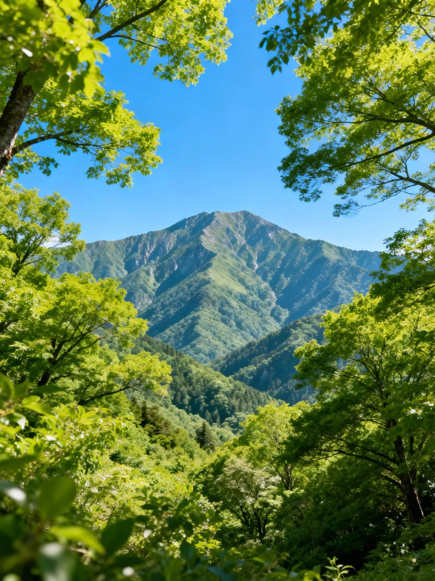 Lush green forest frames majestic mountain peaks under clear blue sky