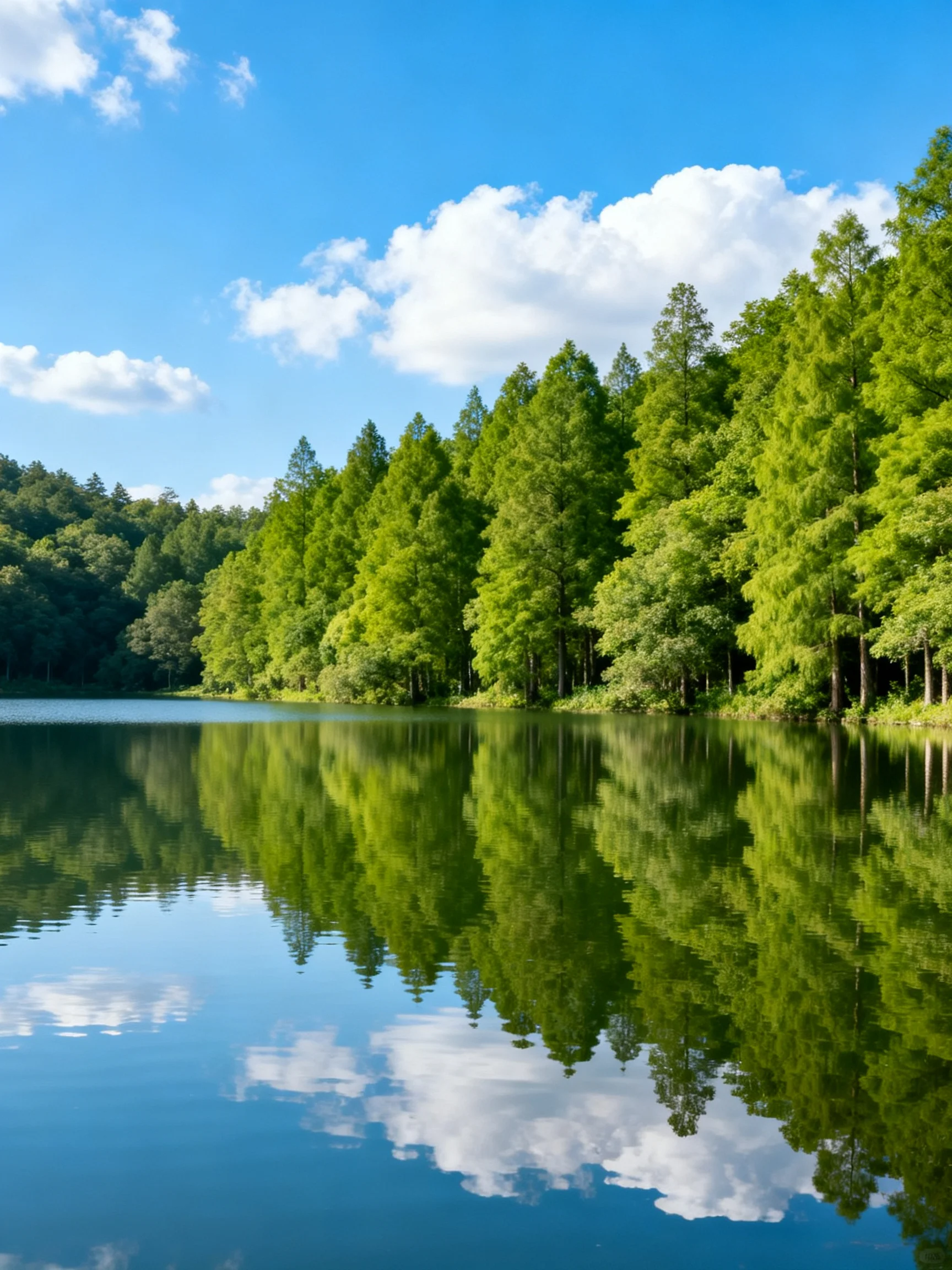 Lush green forest reflected in calm blue lake waters