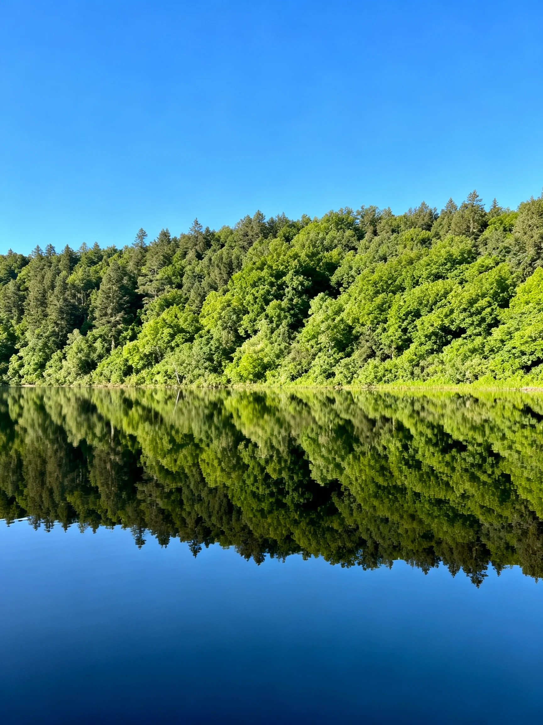 Lush green forest reflected in calm blue water under clear sky