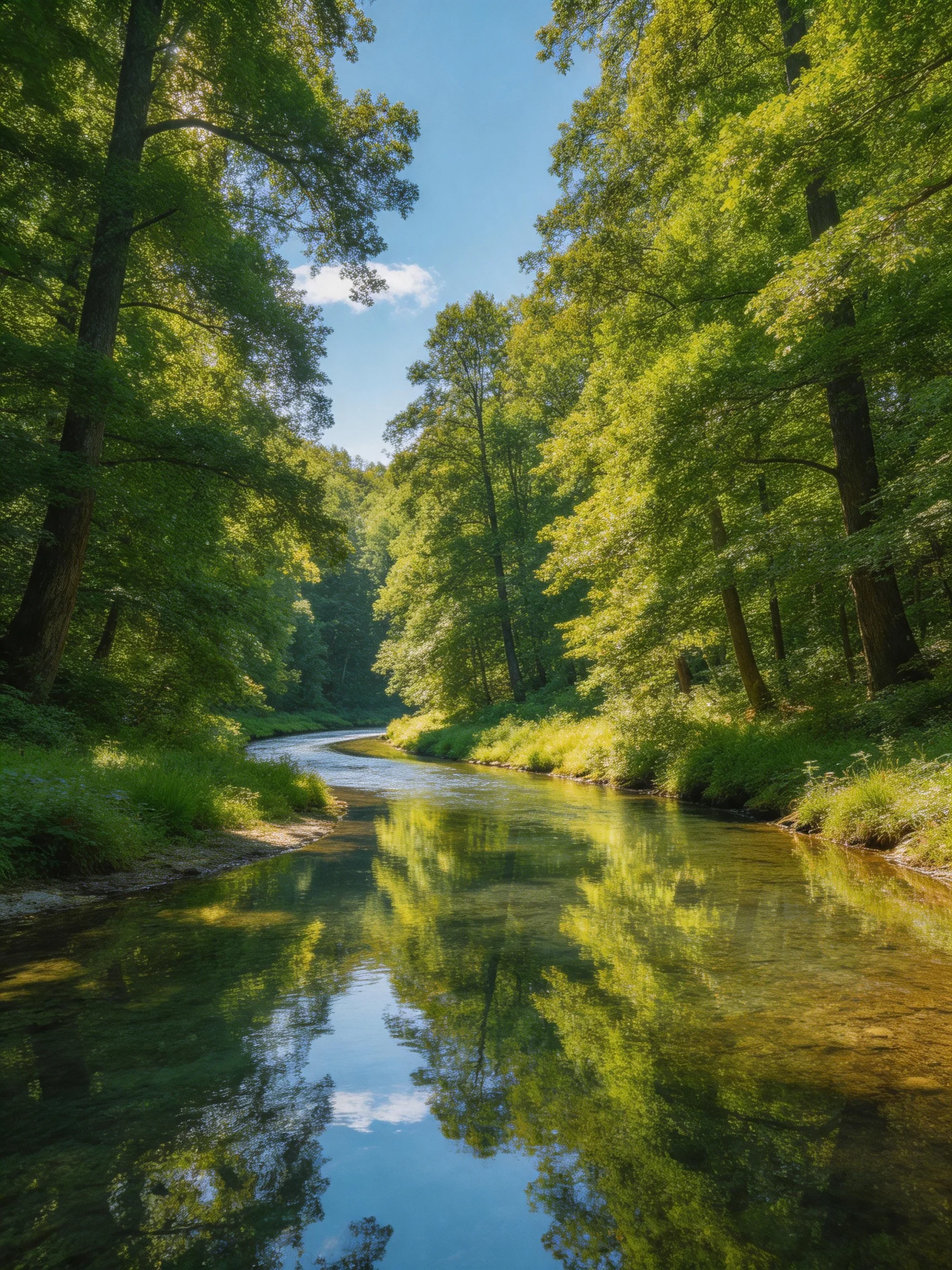 Lush green forest surrounds a winding stream with clear reflections