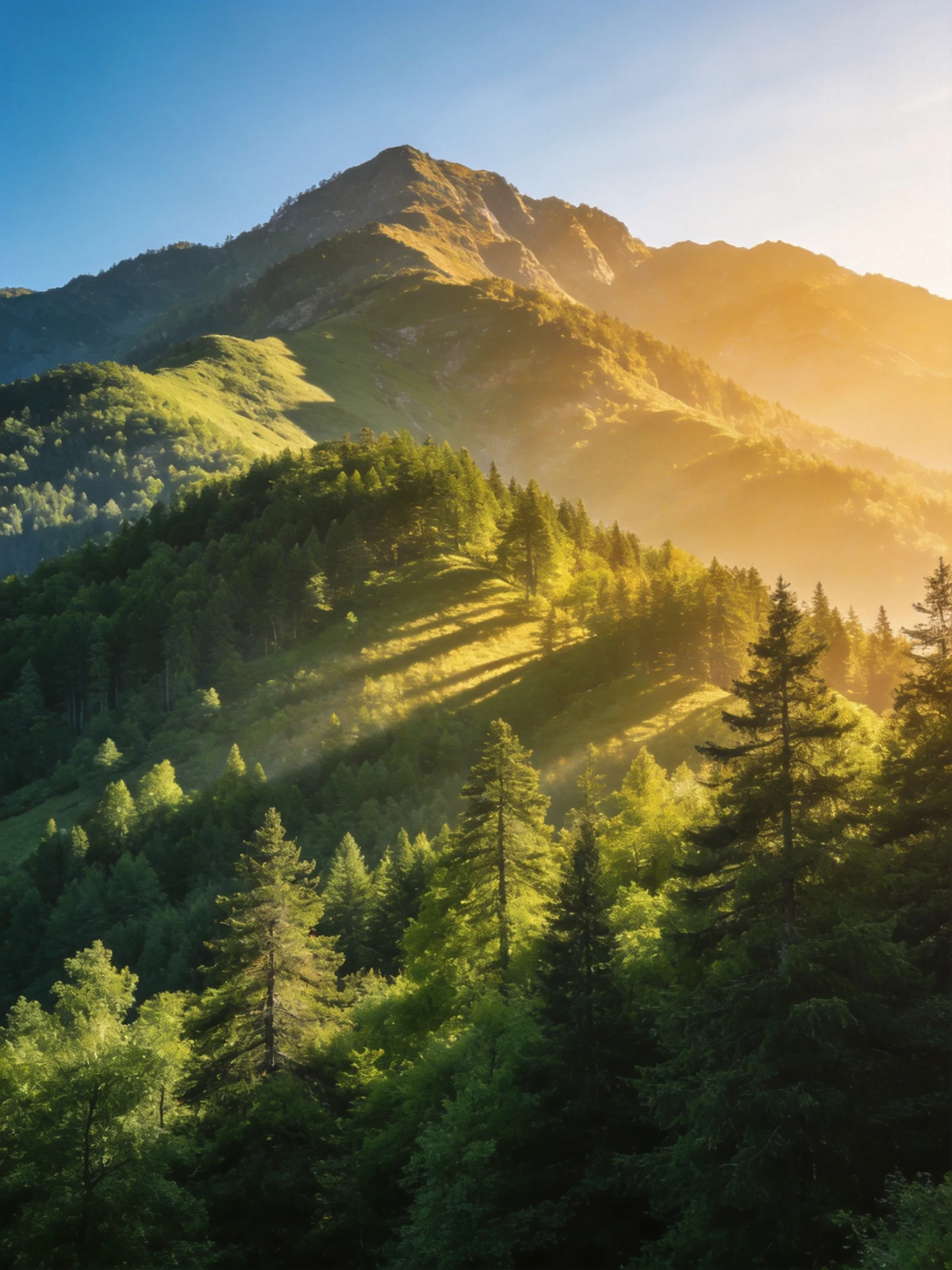 Lush green forested hills beneath golden mountain peaks