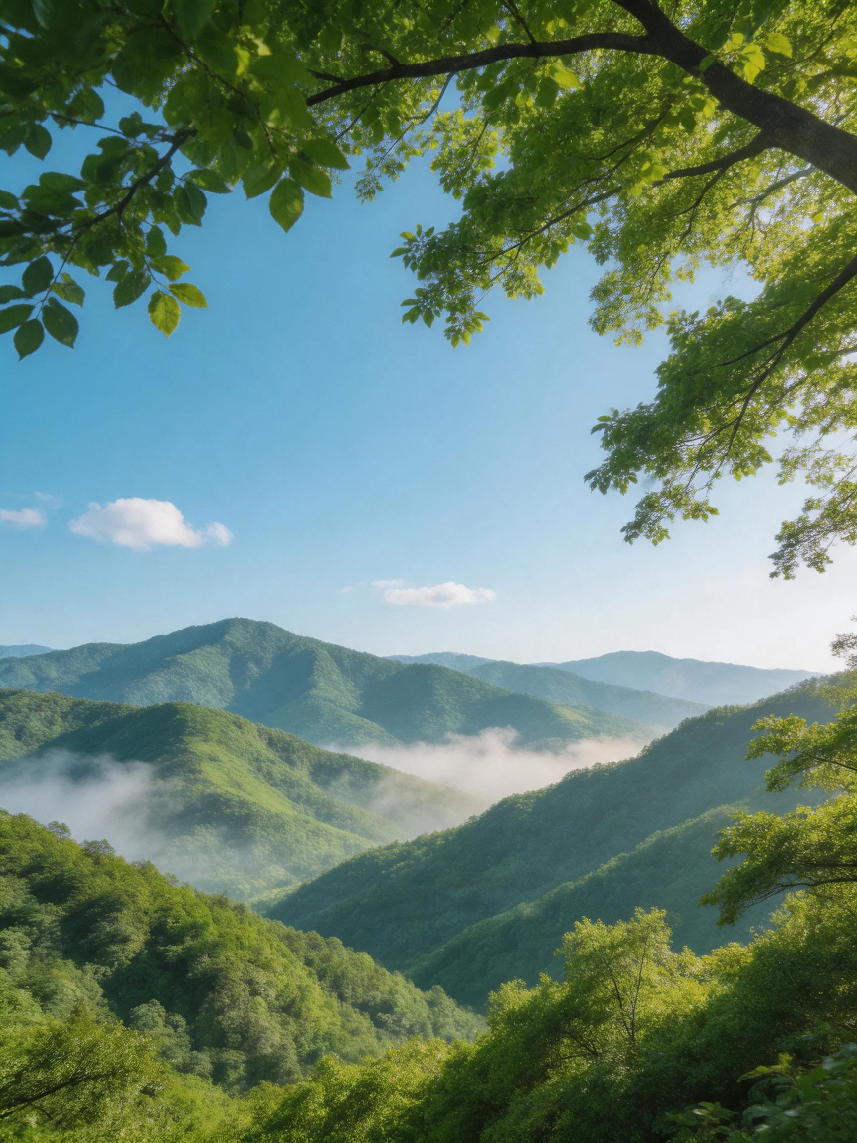 Lush green forested mountains with misty valleys and clear blue skies