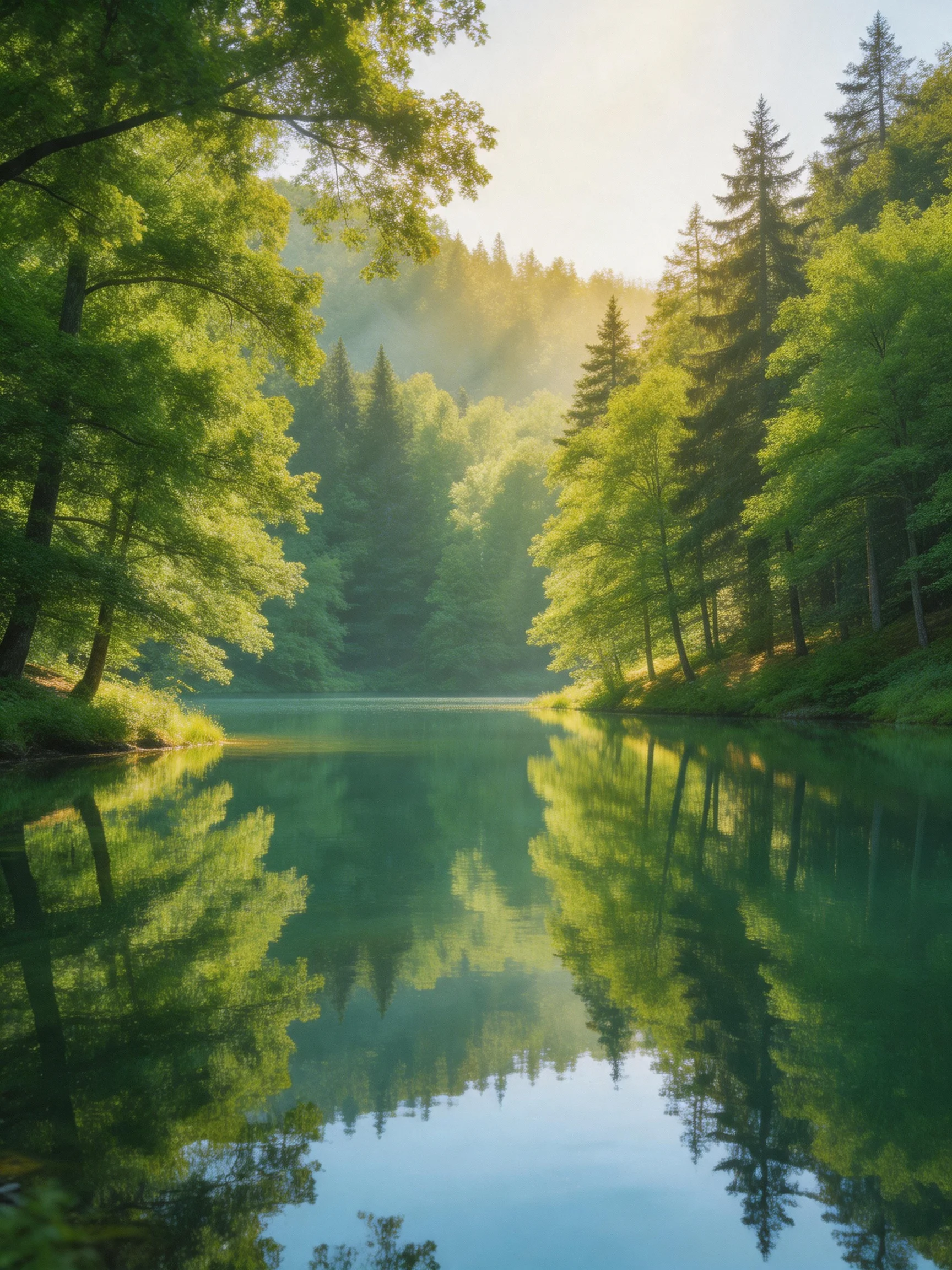 Lush green forests border a serene lake with mirror-like reflections